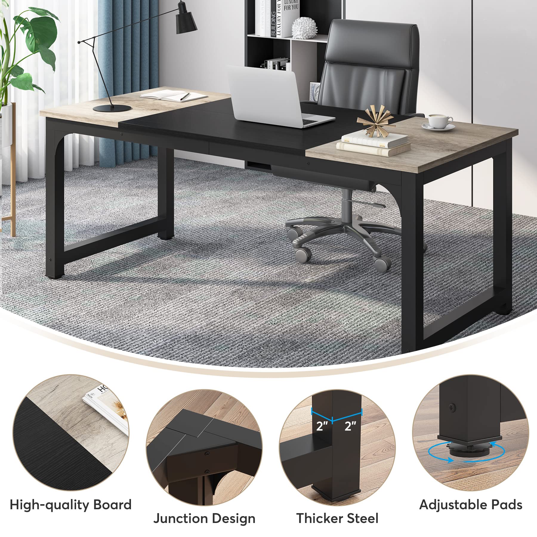 Tribesigns HOGA003937 biurko komputerowe, biurko biurowe, 180 x 80 x 75 cm, duży stół do laptopa, stacja robocza, stół do gier, do nauki, domowego biura, prosty montaż, wzornictwo przemysłowe, szary