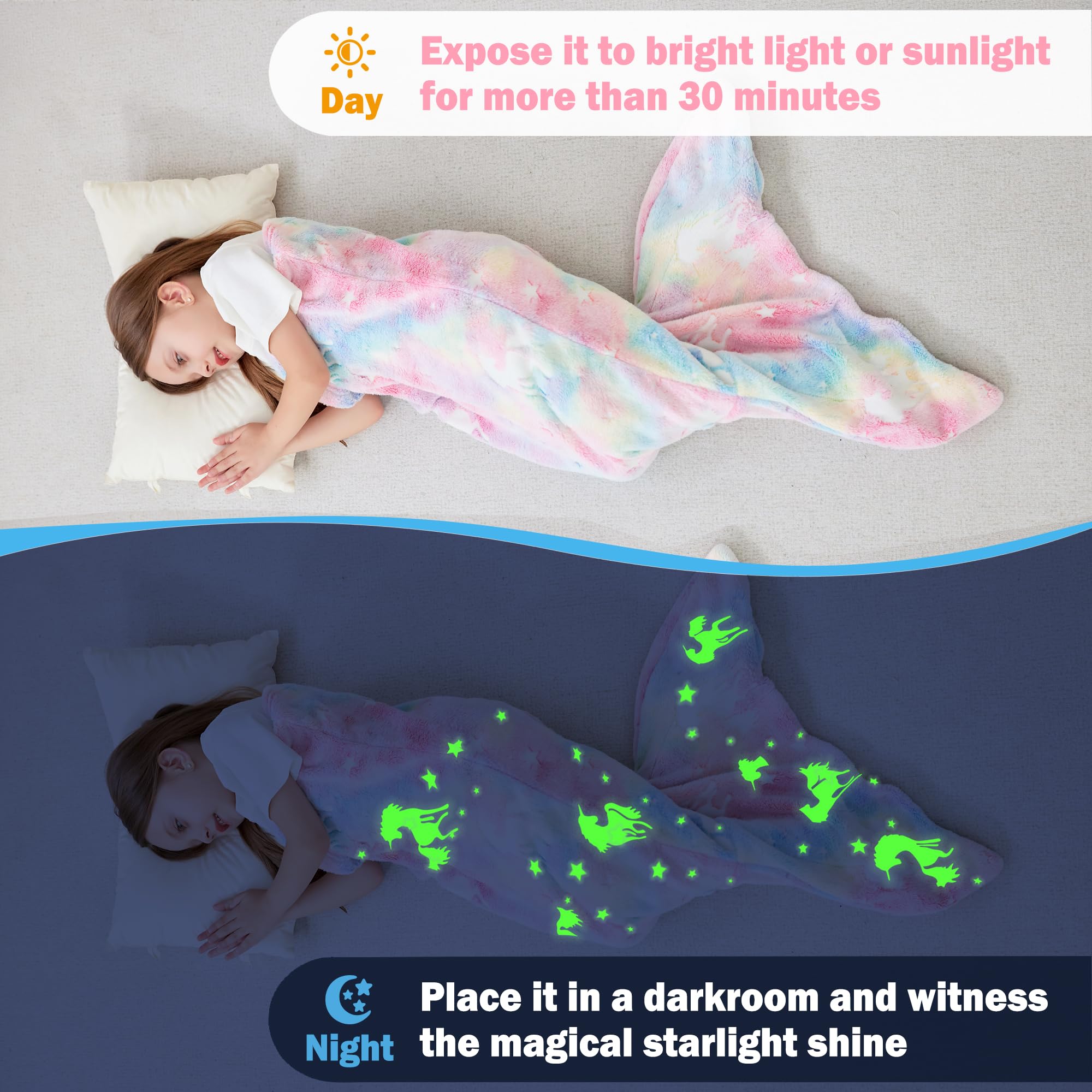 Viviland Queue de sirène phosphorescente pour Enfants – Couverture de sirène en Flanelle – Cadeau pour Filles – Étoile Lumineuse Super Douce Tie Dye Jouets pour Filles – Licorne 43,2 cm 99,1 cm
