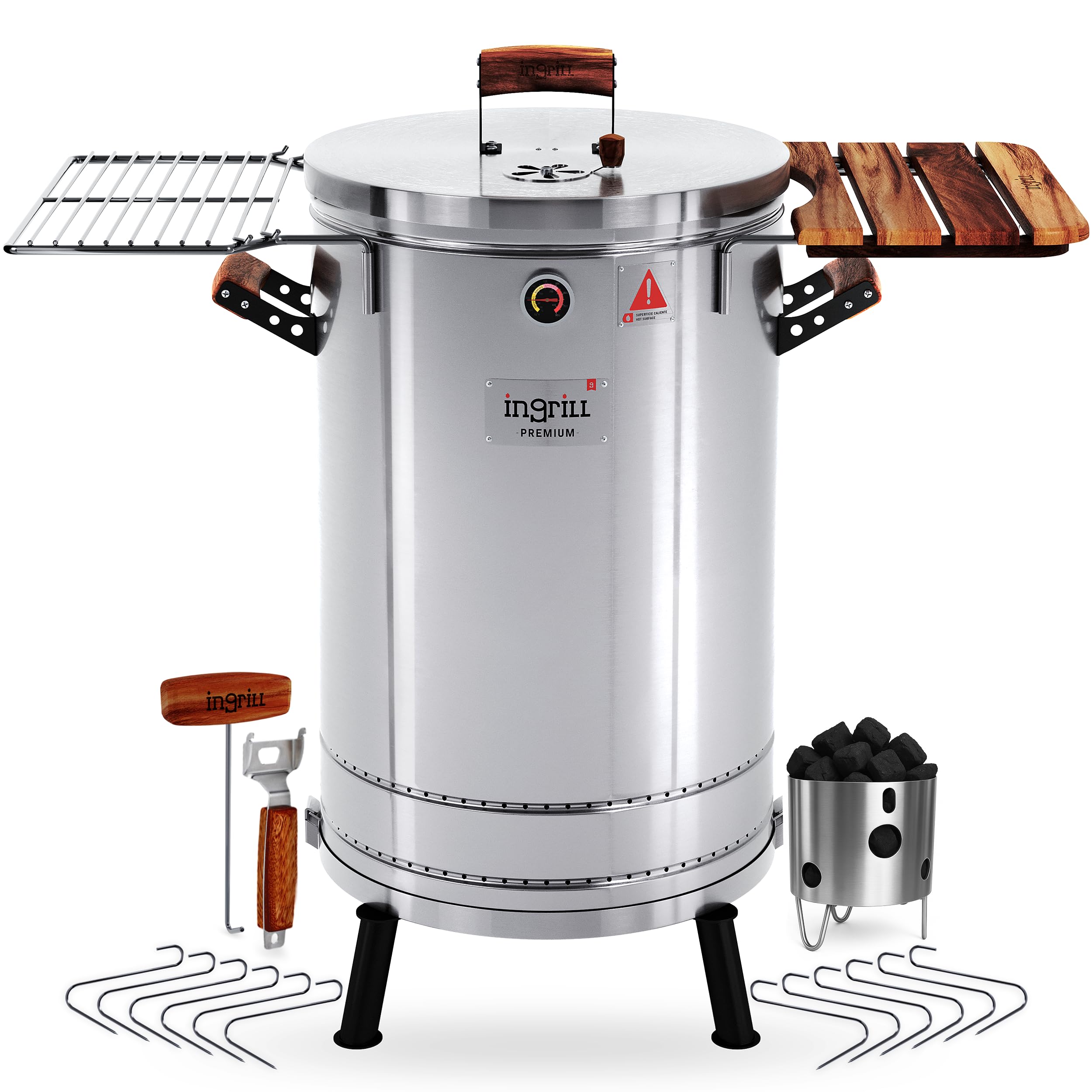 INGRILL Charcoal Grills - 40 lbs Stainless Steel Smoker Grill 3-in-1 for Cooking & Home BBQ - Portable Vertical Smoker Barrel for Outdoor Grilling & Camping - Meat Grill with Thermometer & Accessories