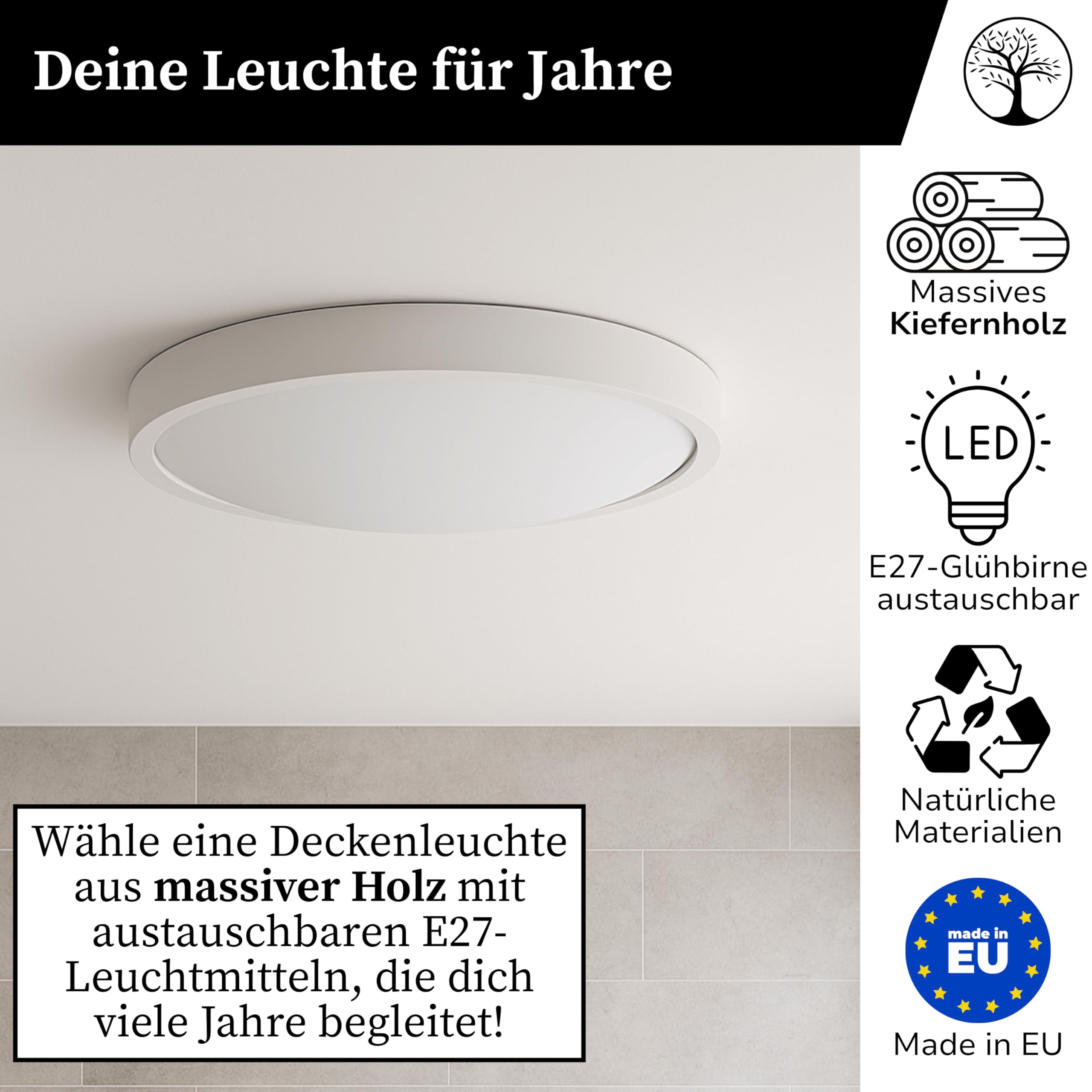 Deckenlampe - Runde Holz Deckenleuchte Weiß 2xE27 (∅37 cm) - Modern Lampe für Schlafzimmer, Wohnzimmer, Flur, Küche - Stilvolle Kiefernholz ORION