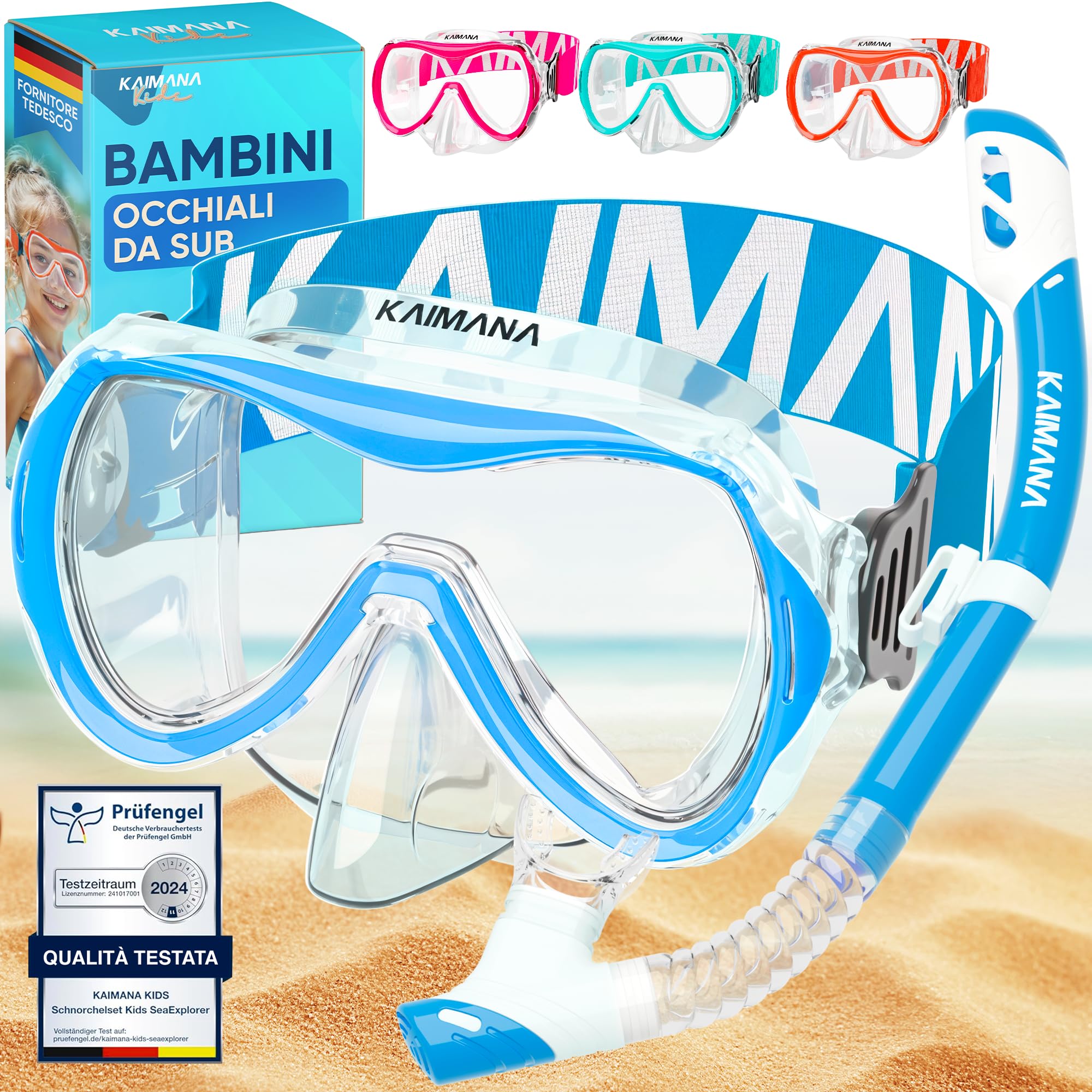 KAIMANA® SeaExplorer Set Maschera Boccaglio Bambini & Borsa – Kit Snorkeling Bambini 3-10 Anni – Maschera con Boccaglio Bambino, Cinturino Tessuto o Silicone – Mare e Piscina