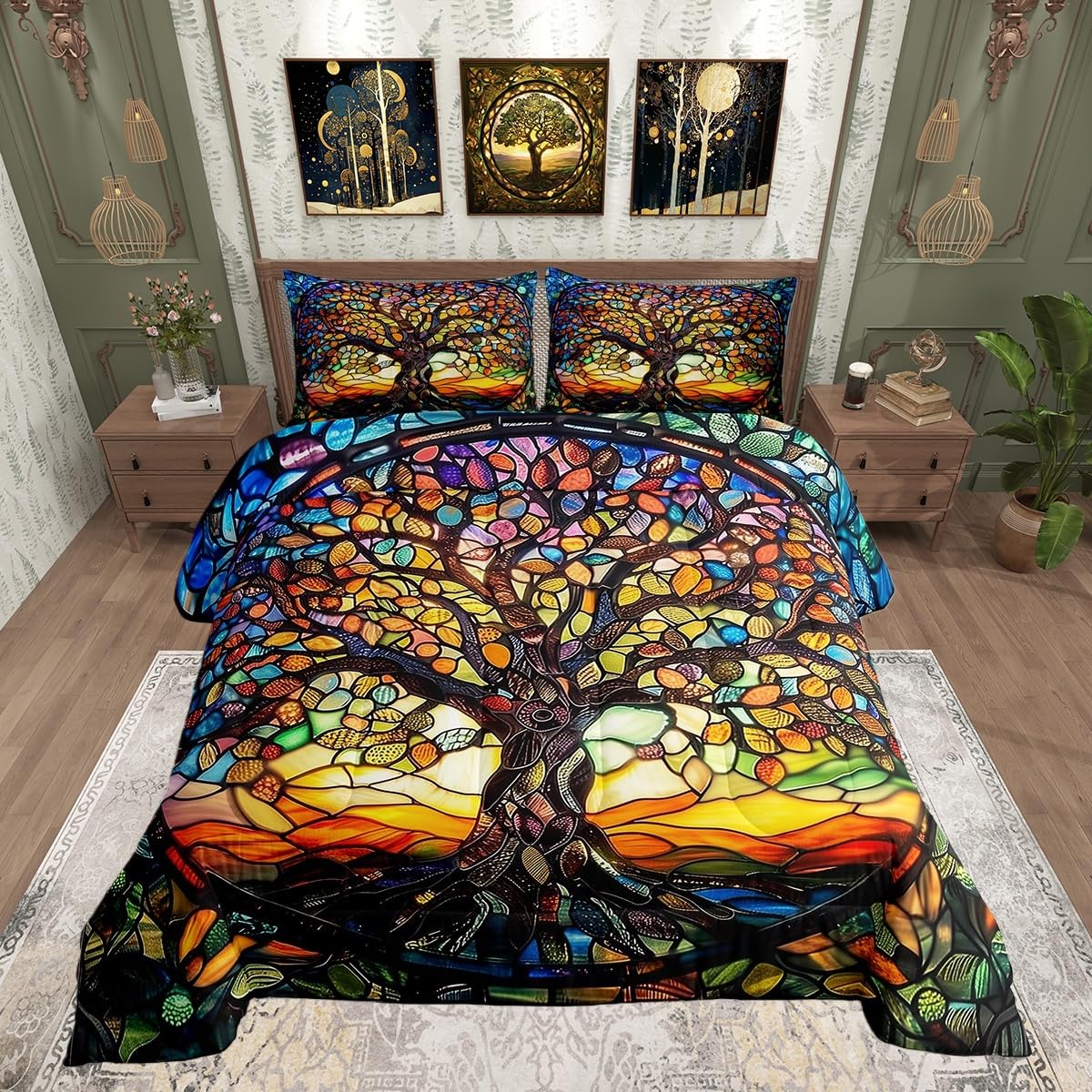 Castle Fairy Tree of Life Bedding Set King Size Modern Artwork Comforter Abstract Nature Landscape Comforter Set Yellow Blue Duvet Set 3Pcs Quilt Set