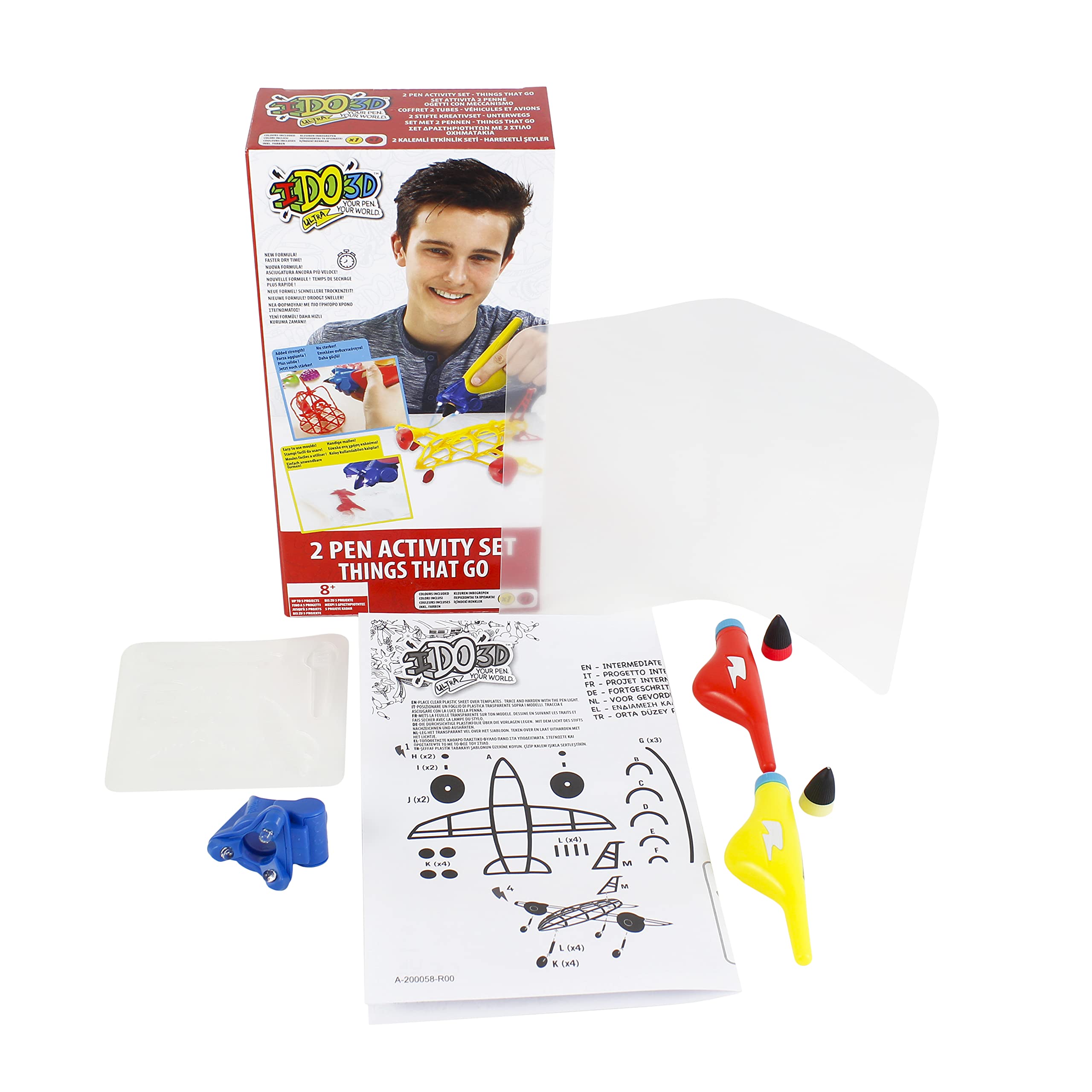IDO3D Ultra, Coffret 2 Tubes, Loisirs Créatifs, Dessiner en 3D, Nouvelle Formule de Gel Qui Sèche Rapidement, 1 Lampe UV, 1 Plaque de Moules, 1 Calque, 1 Guide, Modèles Aléatoires, Dès 8 Ans, Dd000