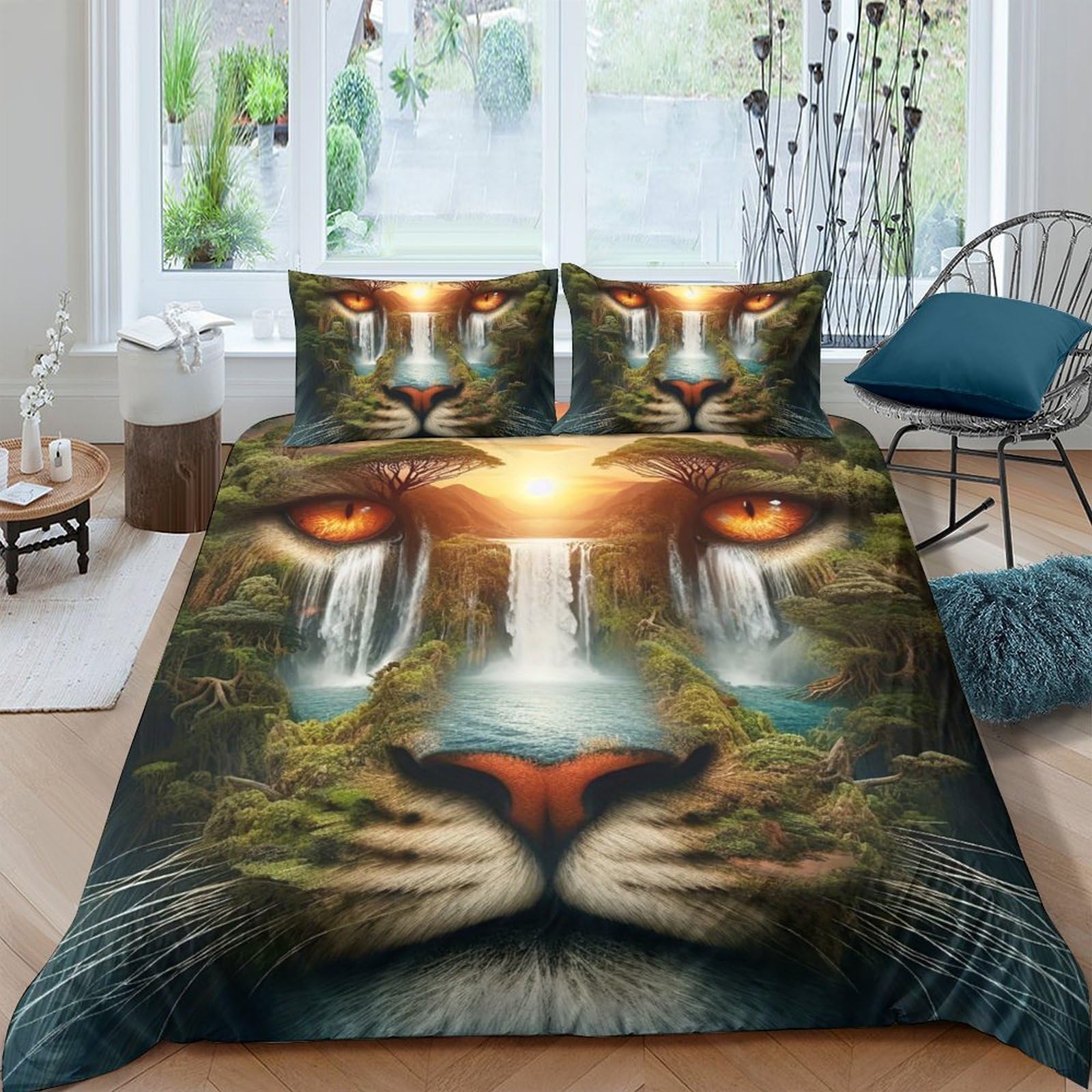 Tyuiopasdfg Colorful-14 Animal Lover Tiger Face Duvet Cover Set Microfiber 3 Piece Nature Waterfall Soft Bedding Set Zipper Closure Single（140X200cm）