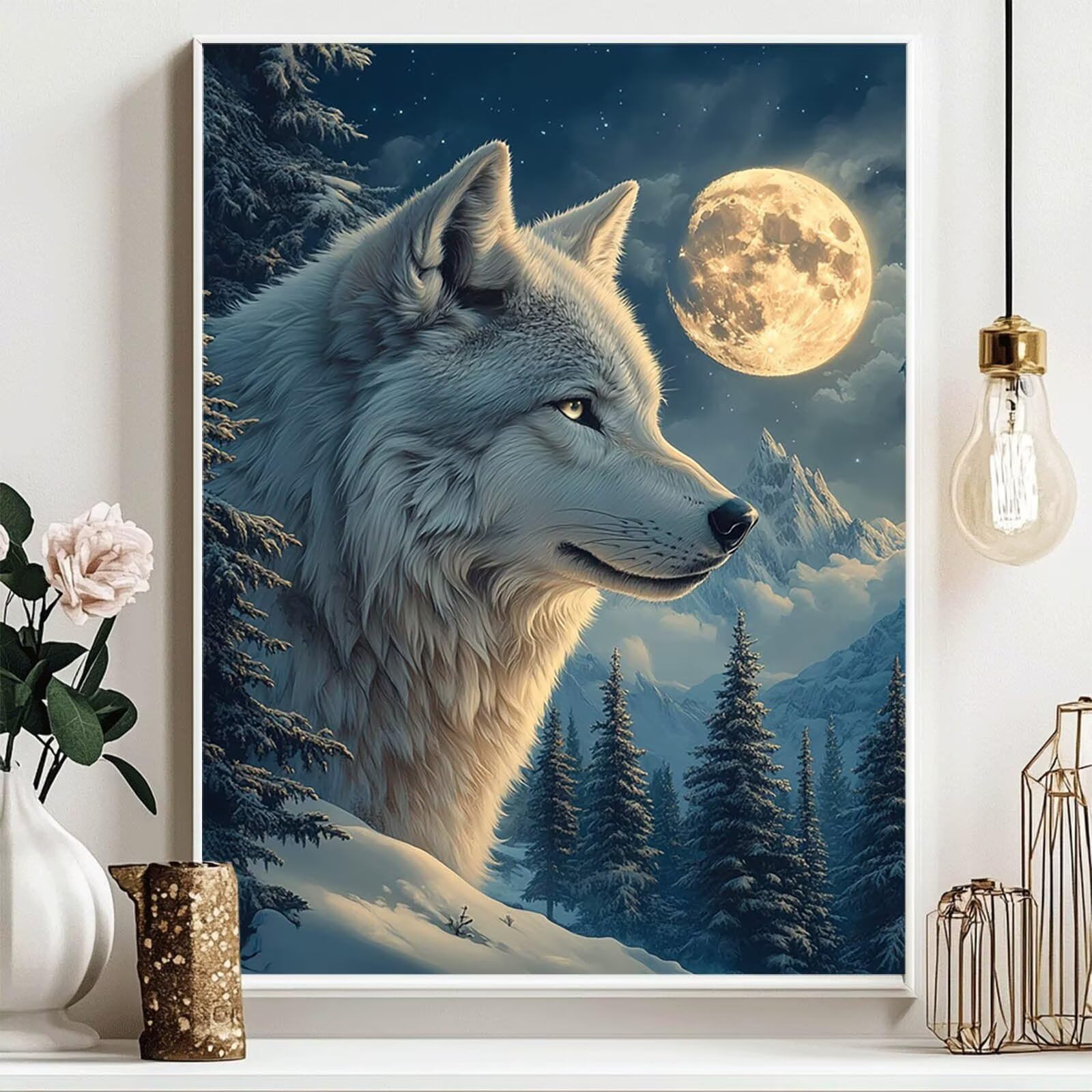 5D DIY diamentowy obraz wilk zestaw do malowania diamentami dla dorosłych i dzieci pełny księżyc diamentowy obraz krzyż Embroidery łatwe dla początkujących, sztuka kryształowa dekoracja ścienna