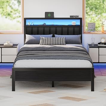 Furnulem Full Size Bed Frame with Charging Station and LED Lights