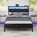 Furnulem Full Size Bed Frame with Charging Station and LED Lights, Platform Bed with Metal Slats, Grey Upholstered Headboard with 2-Tier Storage Shelves, No Box Spring Needed