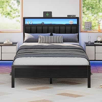 Furnulem Twin Size Bed Frame with Charging Station and LED Lights, Platform Bed with Metal Slats, Grey Upholstered Headboard with 2-Tier Storage Shelves, No Box Spring Needed