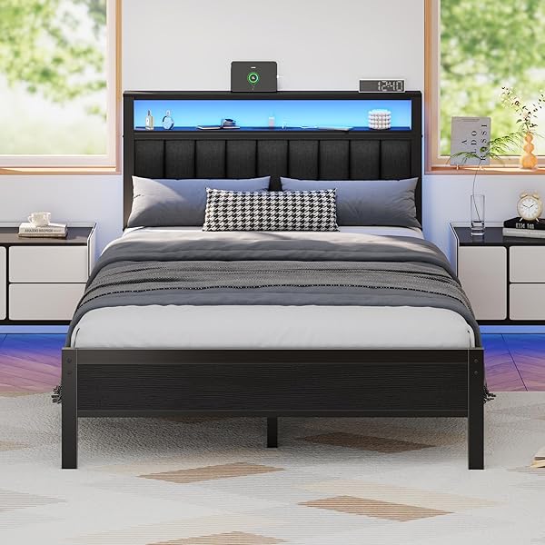 Furnulem Twin Size Bed Frame with Charging Station and LED Lights, Platform Bed with Metal Slats, Grey Upholstered Headboard with 2-Tier Storage Shelves, No Box Spring Needed