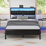 Furnulem Full Size Bed Frame with Charging Station and LED Lights, Platform Bed with Metal Slats, Grey Upholstered Headboard with 2-Tier Storage Shelves, No Box Spring Needed