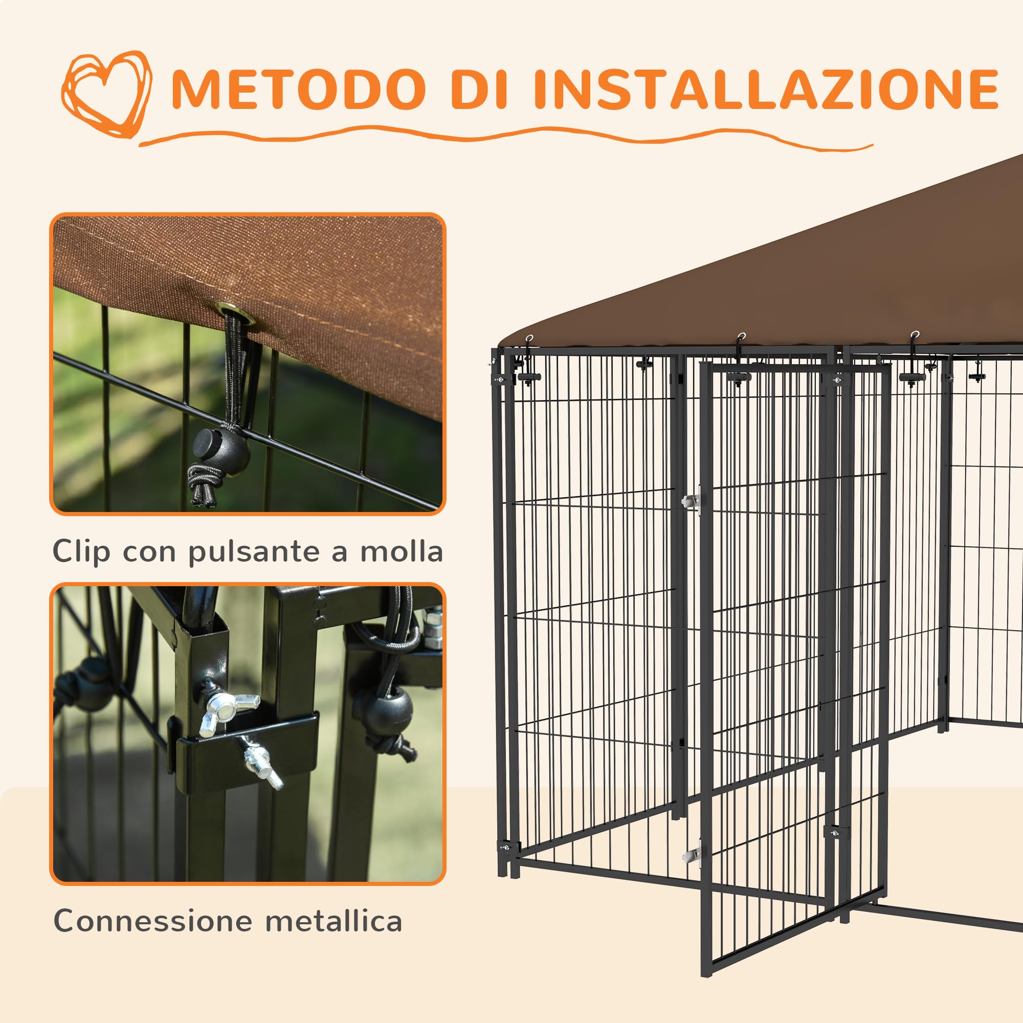 PawHut Recinto per Cani da Esterno, Box per Cani in Acciaio 211x211x151 cm con Tetto Anti-UV, Impermeabile, Ciotola Girevole, Kennel Recinzione Spazioso per Cuccioli, Giardino, Nero e Marrone