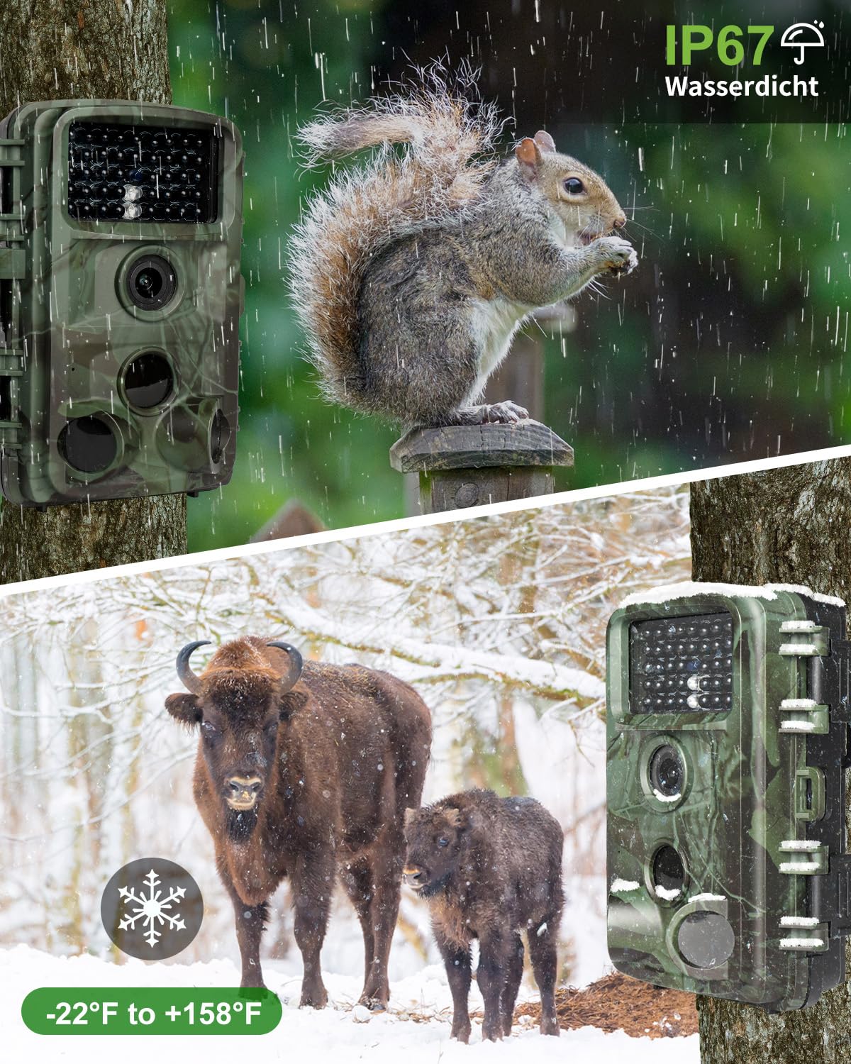 KJK 4K 64MP Wildkamera mit 64GB Speicherkarte, Wildtierkamera mit Nachtsicht, 0.05s Auslöser Bewegungsaktiviert, IP67 Wasserdicht 130° Weitwinkel 45 Stücks Infrarot-LEDs Schimmer Wildkamera