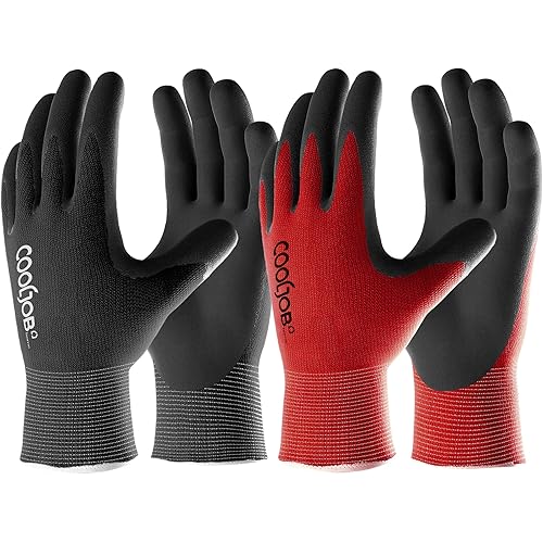 COOLJOB Gardening Gloves for Men, 2 Pairs Breathable Rubber Coated Garden Gloves for Weeding Landscaping, Outside Work Gloves for Lawn Yard, Men’s Large Size, Black & Red (2 Pack L)