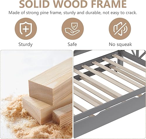 Miniatura 5 de Cama individual con cama nido y techo para niños, marco de cama de madera tamaño individual con estantes de almacenamiento, barandillas de madera,