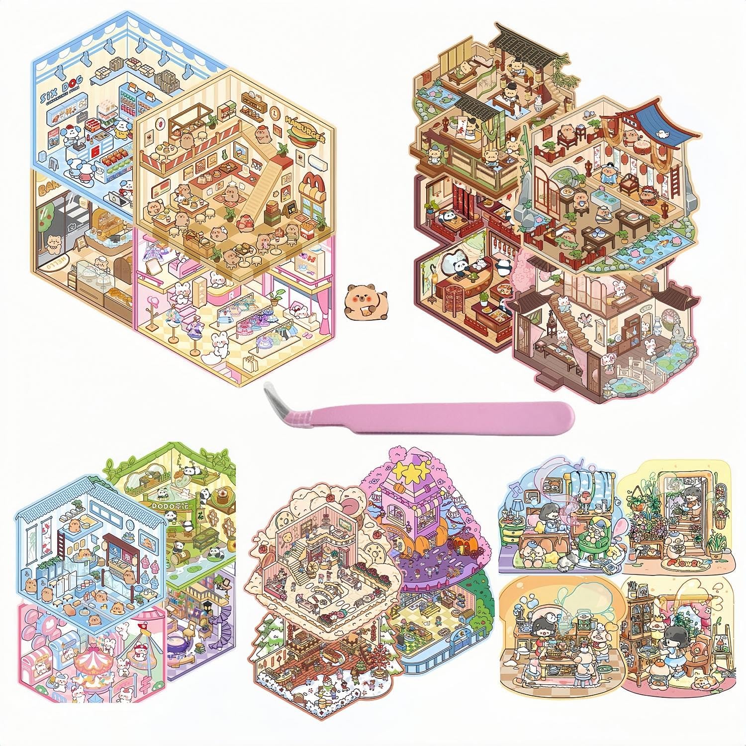 kaensc 20 Sets DIY 3D Sticker Scenes,Fun DIY House Stickers Make Your Own Shop,Supermarket,Clothing Store,Restaurant,Cartoon 3D Scene Stickers for Adult Therapy Relief Stress Pass The Time - Image 2