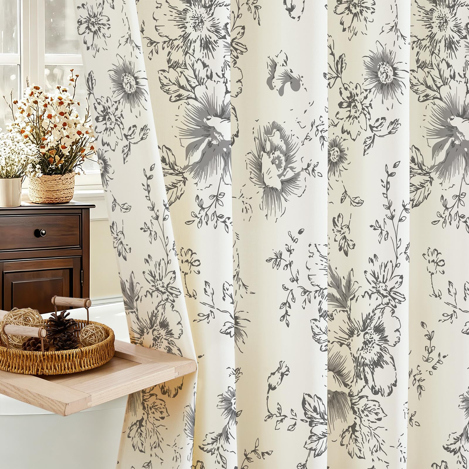 Grey Floral Cotton Shower Curtain, Cottagecore French Country, 72x72