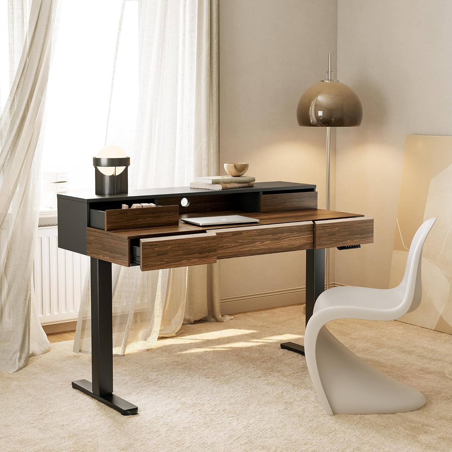 Electric Standing Desk with Drawers, 48 Inches Height Adjustable Stand Up Desk with Monitor Shelf, Whole-Piece Board Computer Workstation with 4 Memory Height Settings, Black Walnut