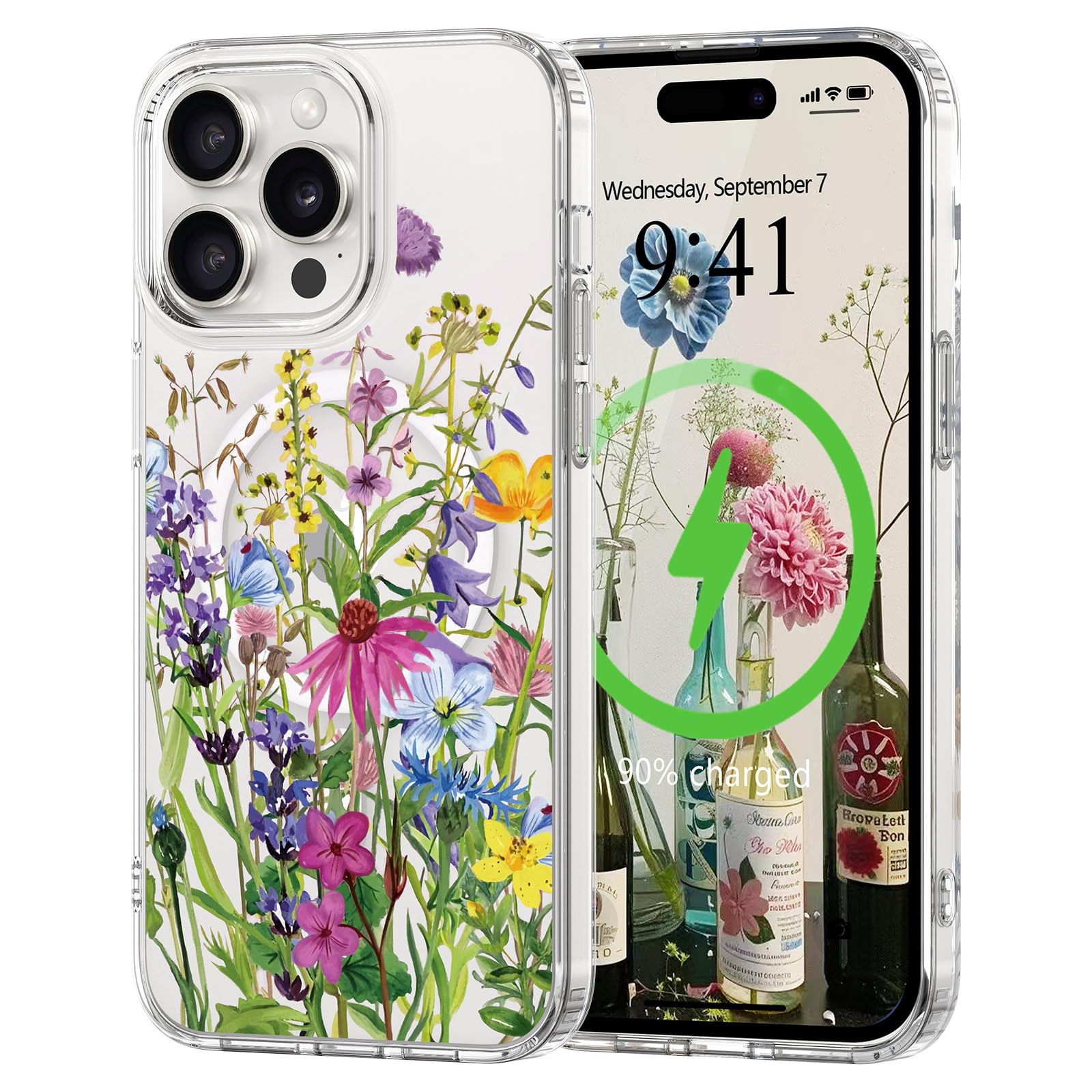 L-FADNUT for iPhone 14 Pro Case [Compatible with Magsafe], Cute Flower Girls Women Clear Case Silicone Shockproof Protective Cover with Pretty Floral