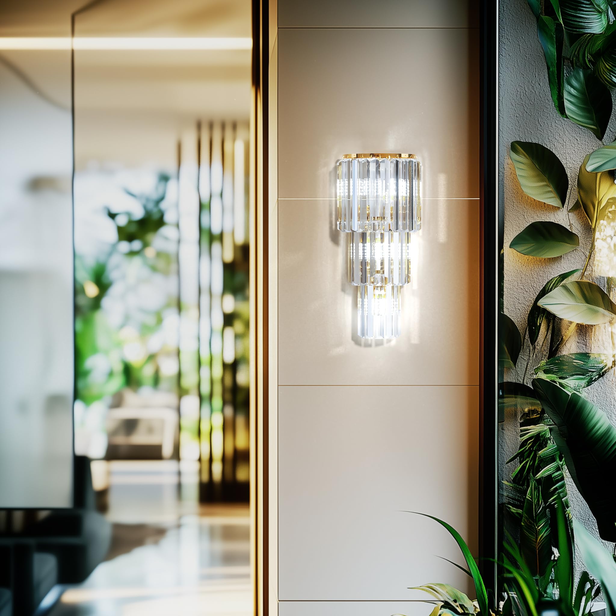 Lampada da Parete Interno applique parete interno Moderna di Lusso in Cristallo - Colore della Luce Regolabile a 3 Livelli, Dimensioni 50x19x12cm, 14W Oro E14x3 Led
