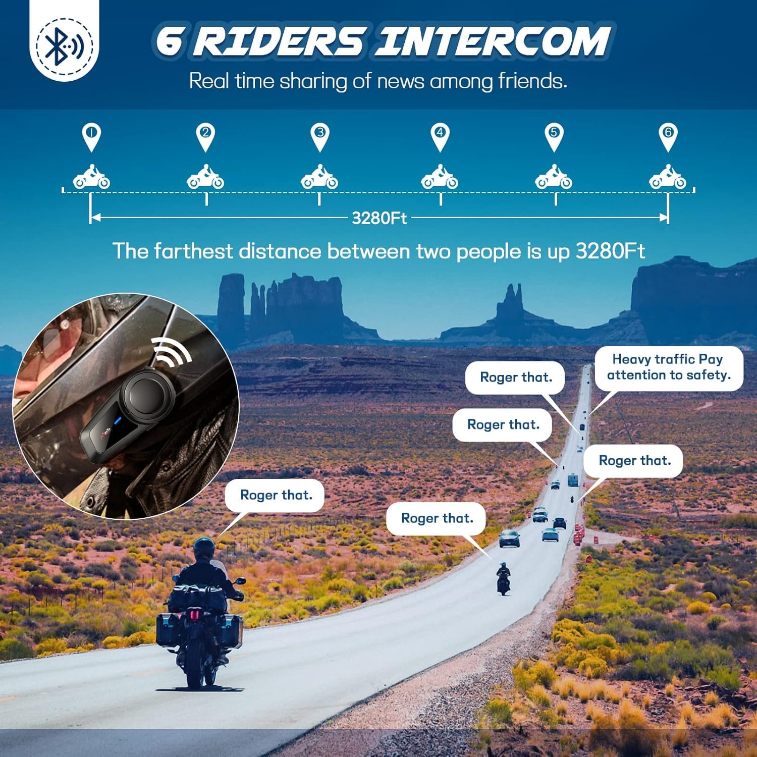 MAXTO Auriculares Bluetooth para Motocicleta, intercomunicador de 6-Way Grupos Bluetooth M2 1000M para Casco, emparejamiento Universal, Siri/FM,Impermeable Sistema de comunicación Moto.1paquete