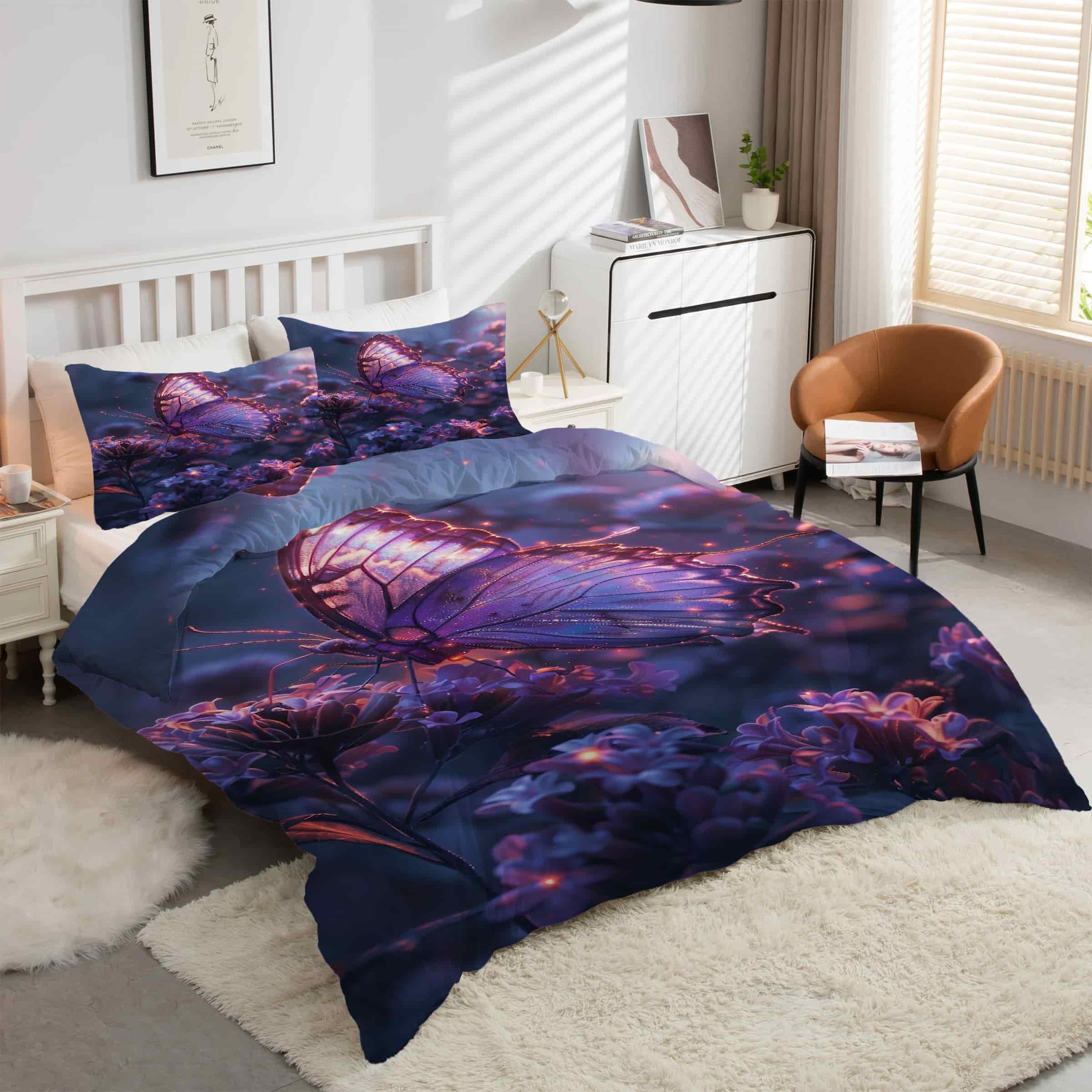 Housse de couette 160x200 violet papillons kK3375 ensemble de literie microfibre avec taies