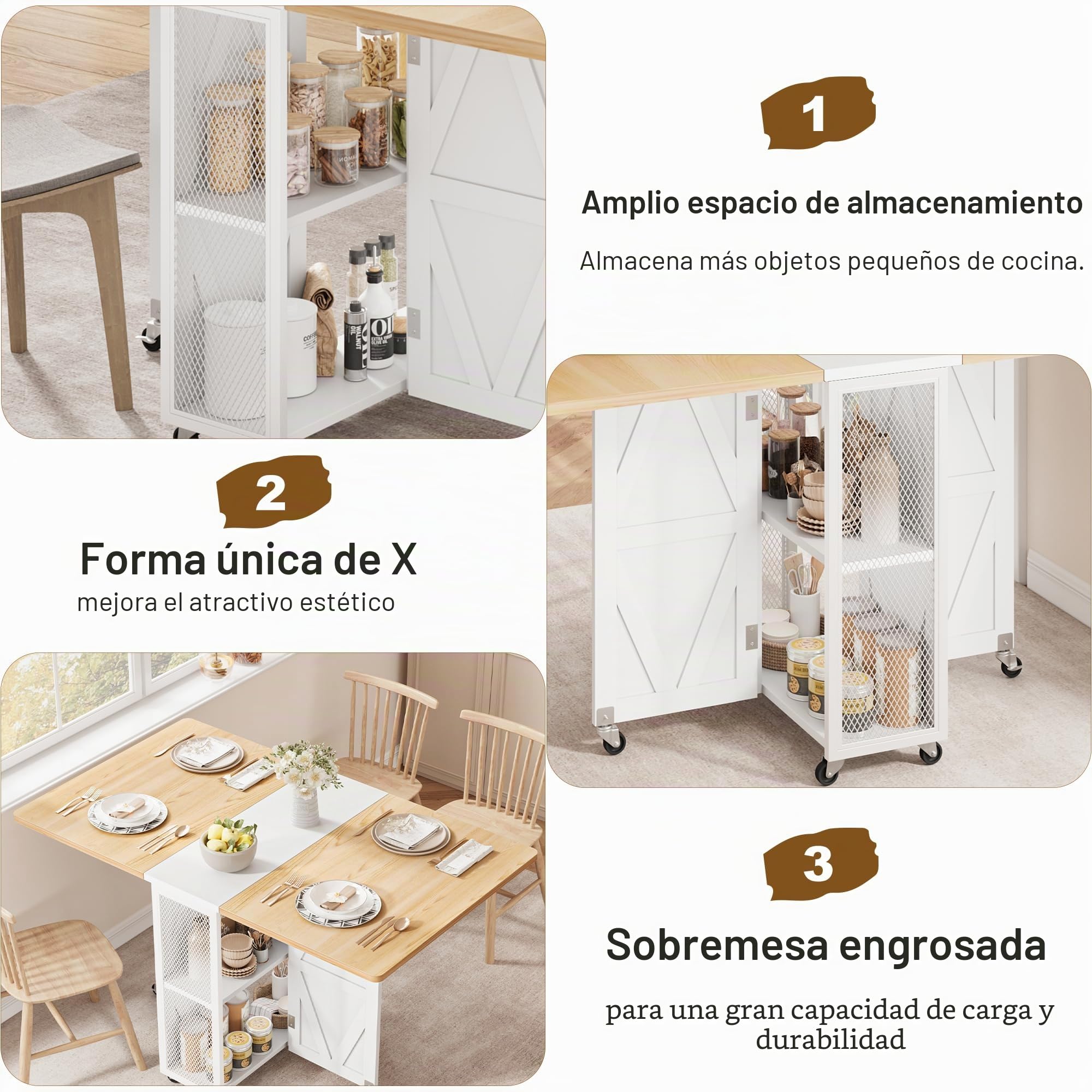 Jocoevol Mesa Plegable con Ruedas, para 2-4 Personas, con Estante y Doble Estante Abierto, Ahorra Espacio en Cocina y Comedor, 120x60x76 cm, Color Arce y Blanco