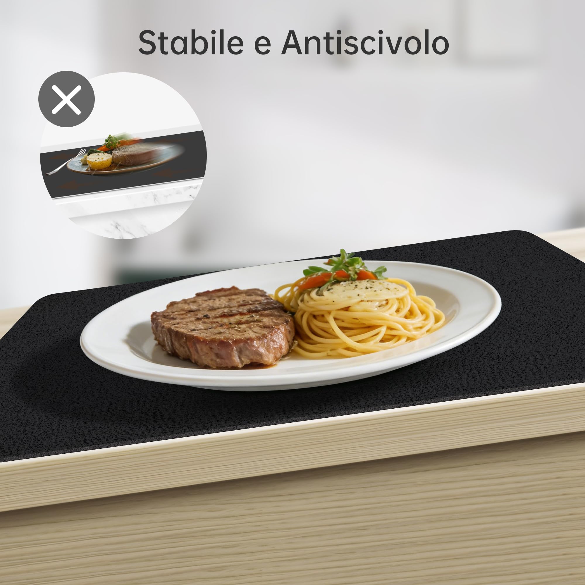 KitchenBoss Tovagliette Americane Lavabili con Sottobicchieri, Set di 8 Tovagliette Colazione Effetto Pelle Resistenti al Calore, Impermeabili su Entrambi i Lati, 43×30 cm, Nero