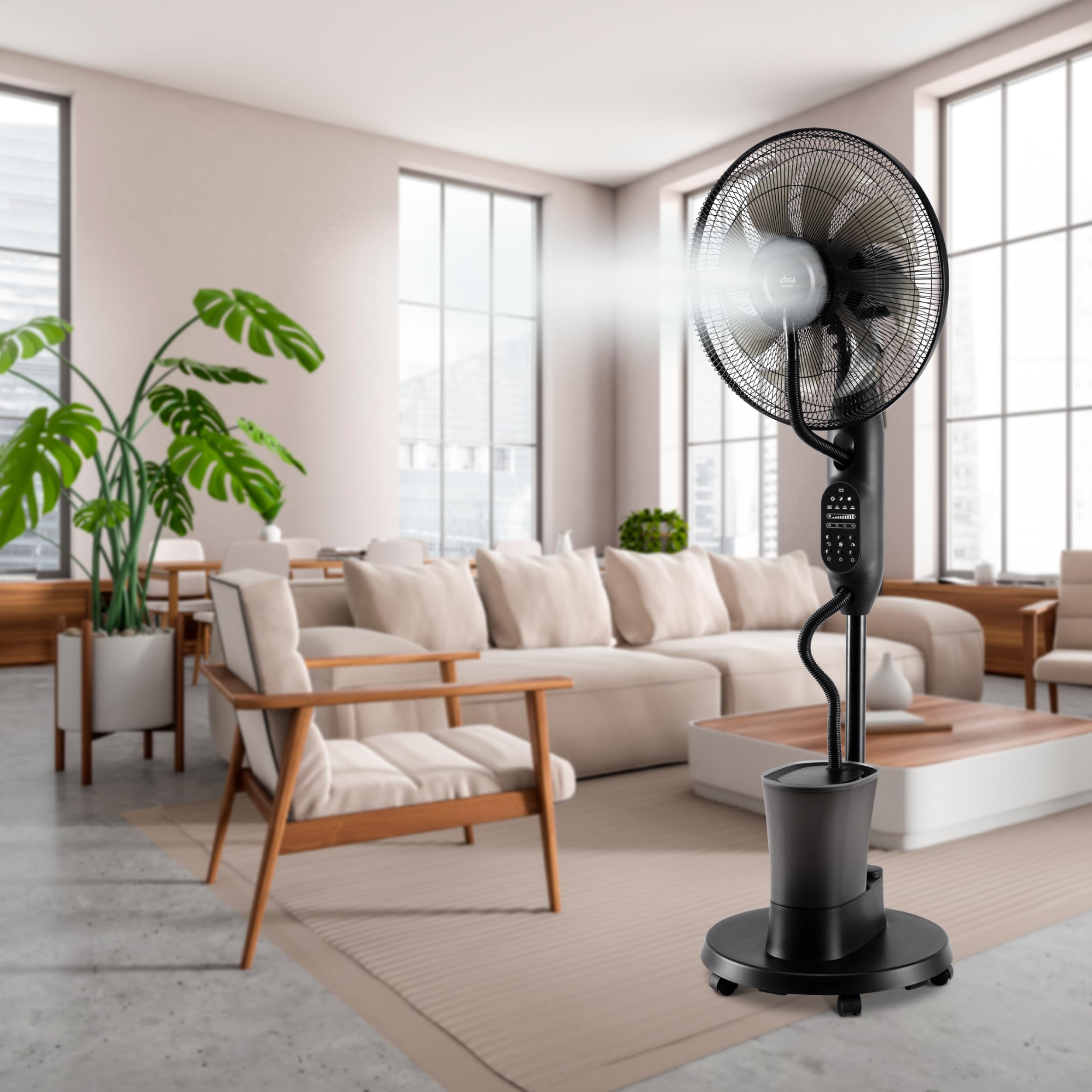 UFESA Mist Fan VNDC Ventilateur Brumisateur, Ultra Silencieux, Télécommande, 3 Modes, Minuterie, 9 Vitesses, 40cm de Diamètre, 8 Pales, 60W, Noir