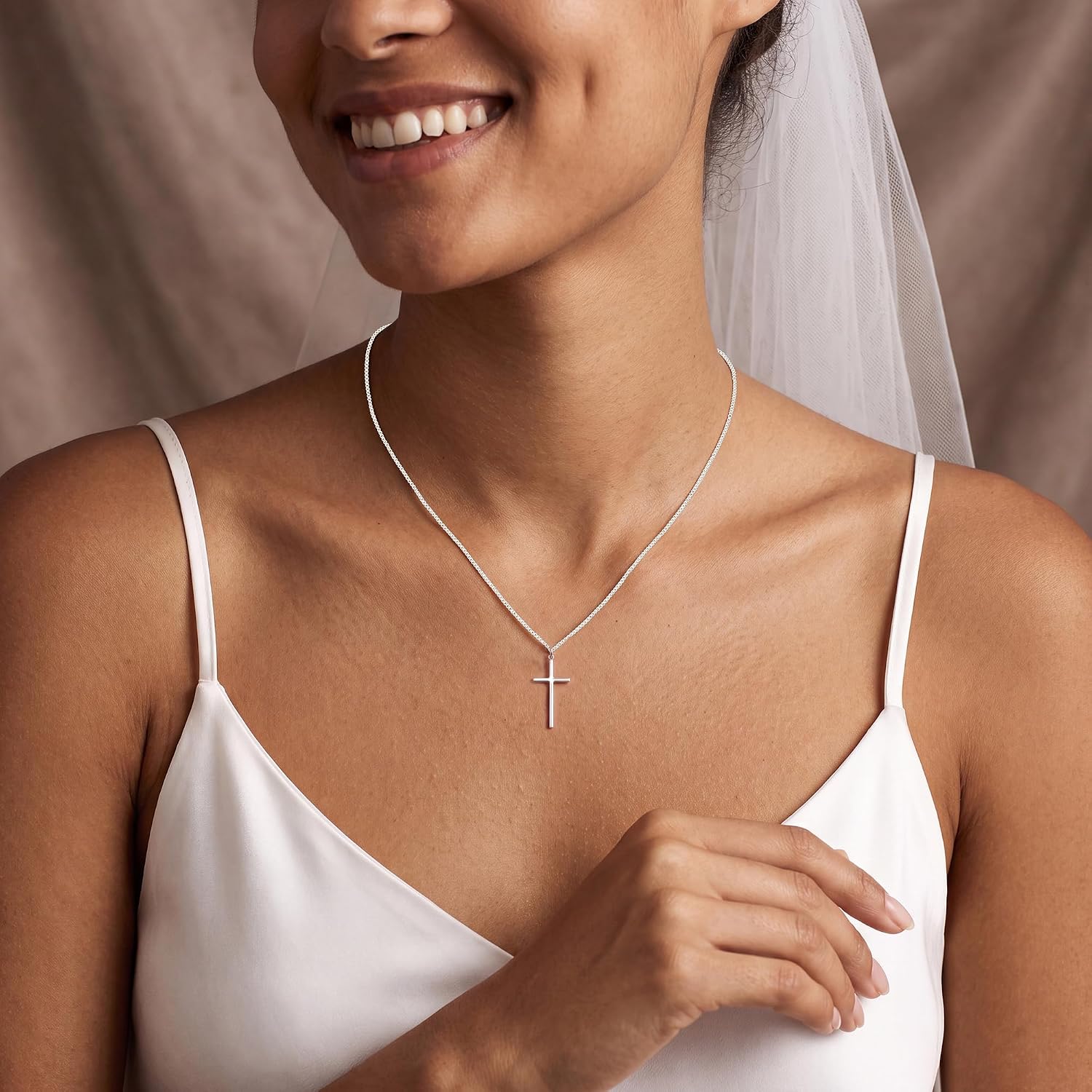 925 Sterling Silver Cross Necklace for Women 1mm Box Chain