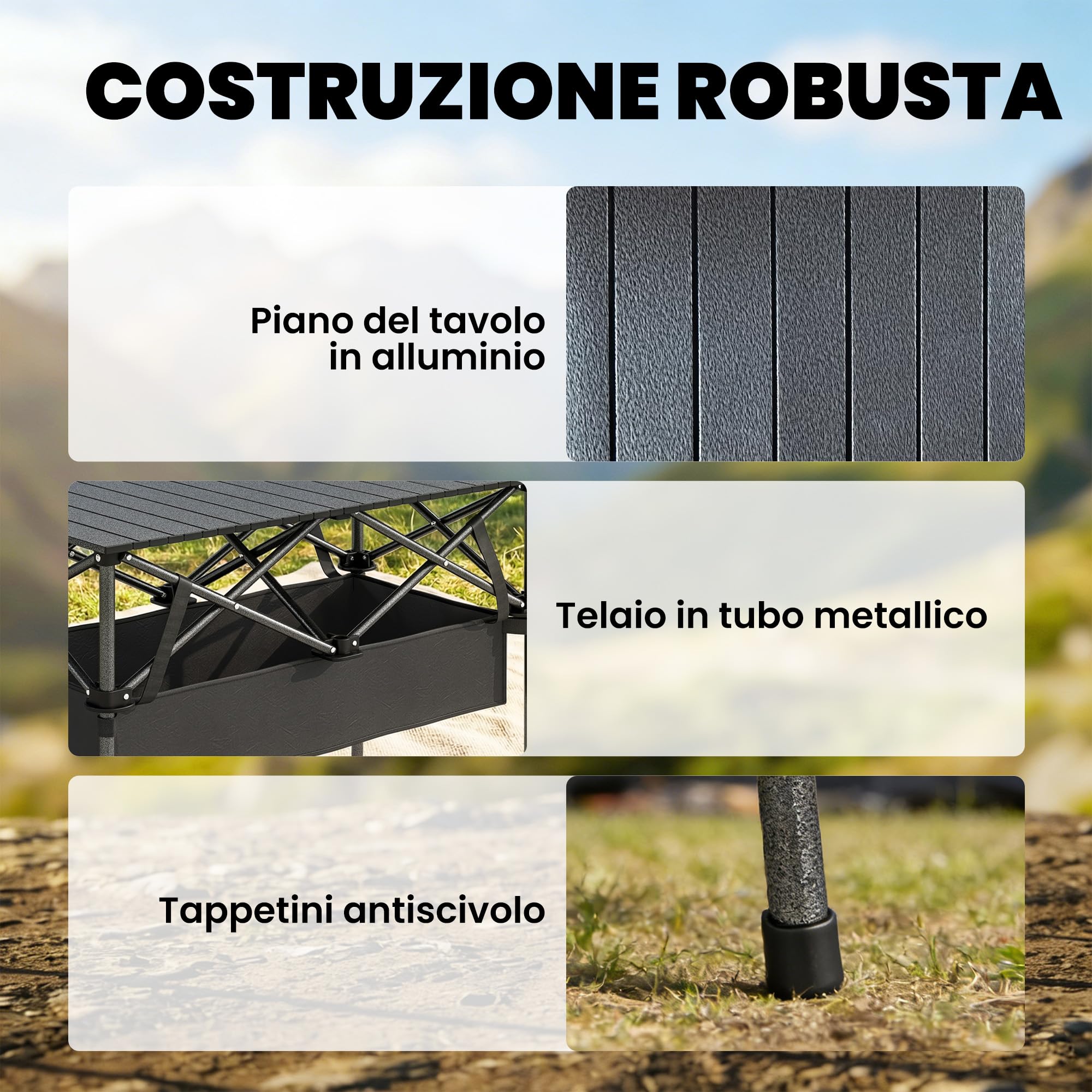 Outsunny Tavolo da Picnic Pieghevole 93cm con Rete Portaoggetti e Borsa, Struttura in Metallo, Nero