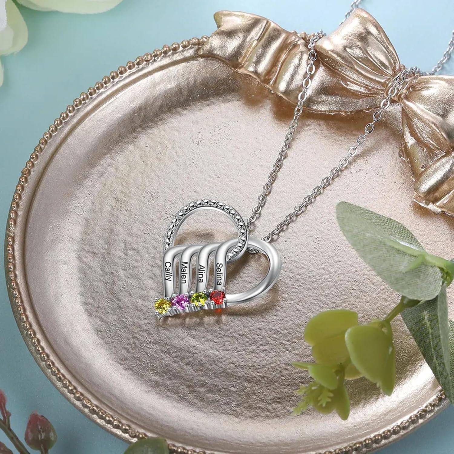 10K 14K 18K Gold Personalized Mothers heart Necklace with 2-6 Birthstones Custom Engraved Names Mom Pendant Christmas Gift for Her Wife