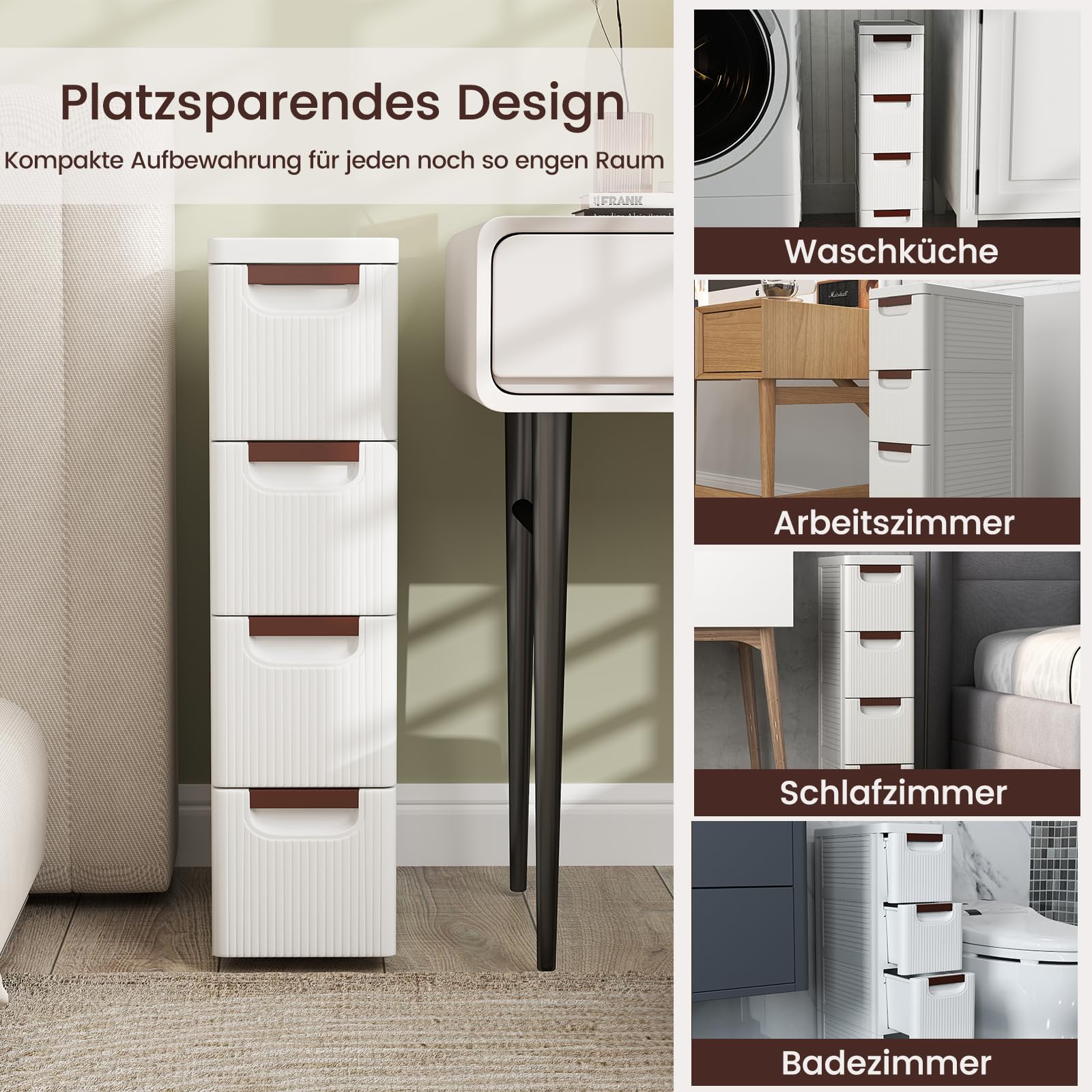 GIANTEX Nischenschrank Nischenregal 19 cm breit, Nischenwagen auf Rollen, Schmaler Rollschrank Rollwagen mit 4 Schubladen, Badschrank Badrollwagen kleiner Schubladenschrank Toilettenschrank für Bad