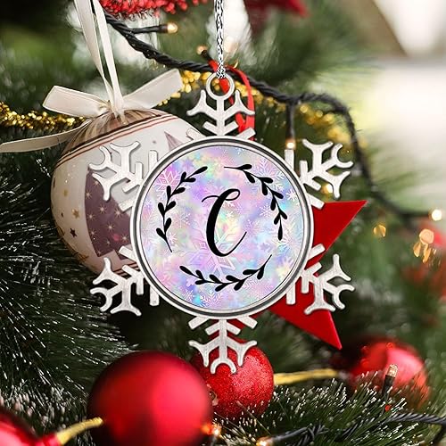 Miniatura 3 de LITTLEGROVE SEEDS Adornos de Navidad con monograma, letra C, adornos para árbol de Navidad, corona negra, adornos de metal del alfabeto, regalos
