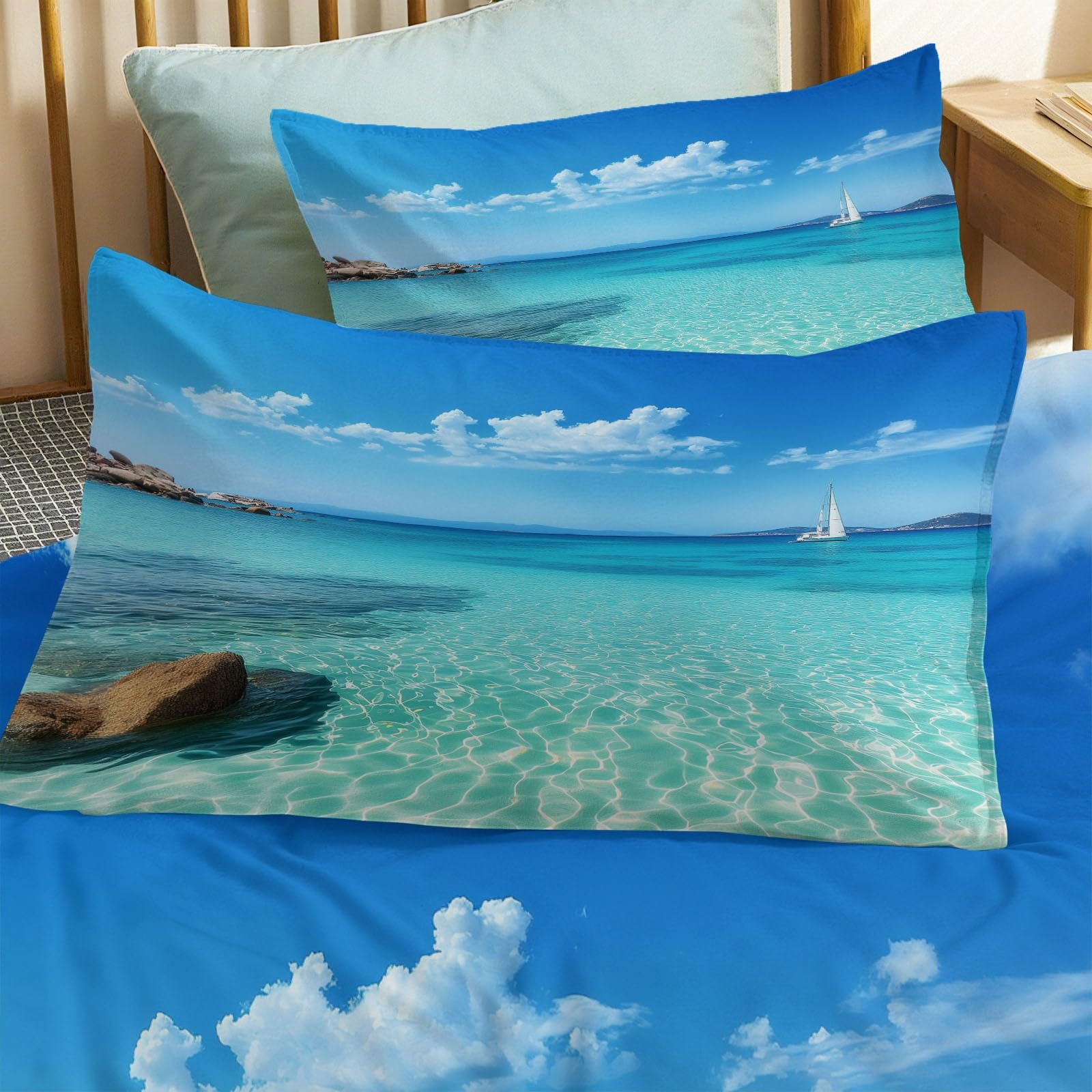 Doppelbett Türkis Meer Bettwäsche-Set 200 x 200 cm mit 2 Kopfkissenbezügen 80x80 cm, Mikrofaser Wendbares Muster- Kinder- und Babybettwäsche mit Reißverschluss