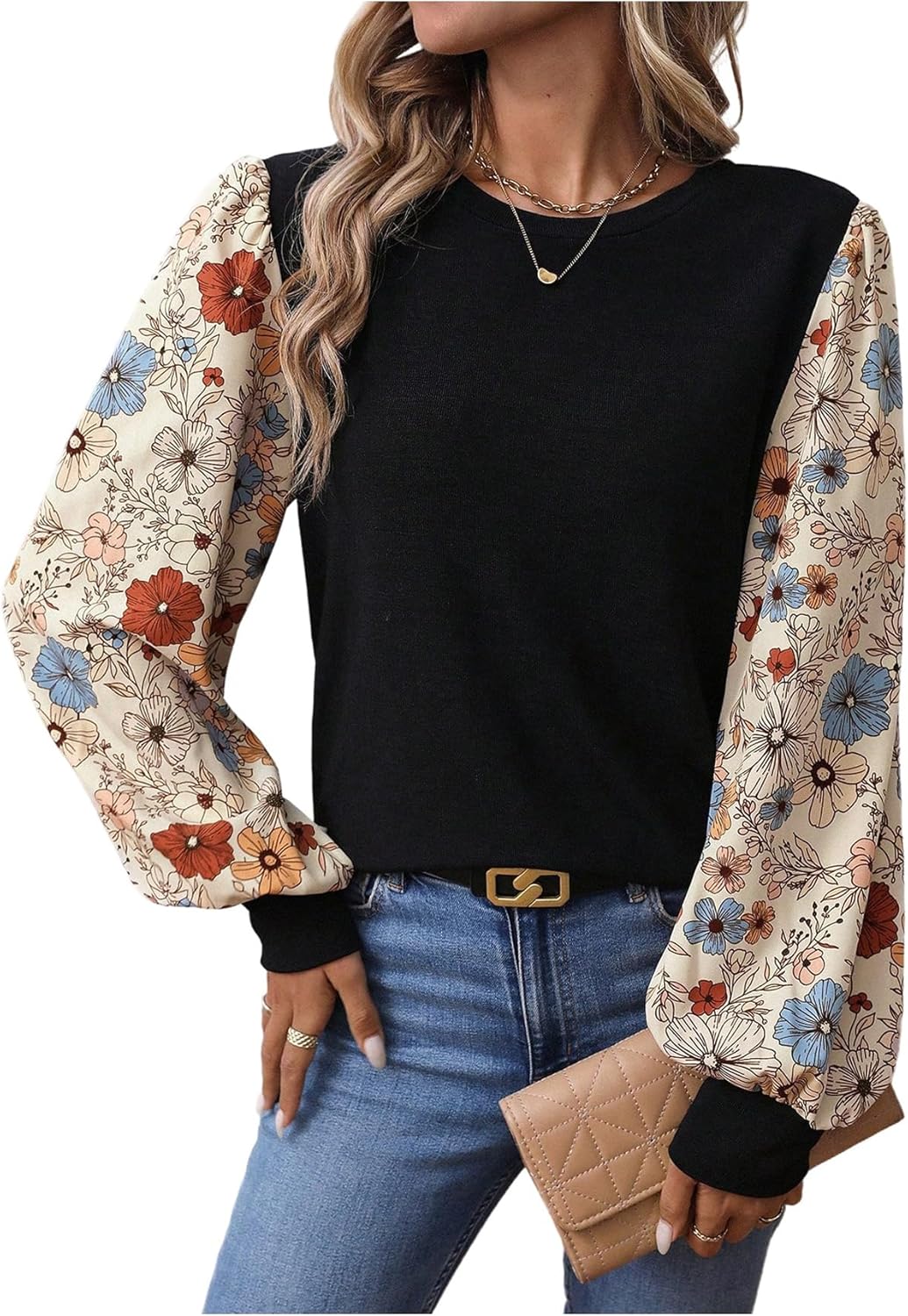 SOLY HUX Women's Floral Long Sleeve Tops Crew Neck Boho Printed Blouse Teacher Shirts Fall Clothes