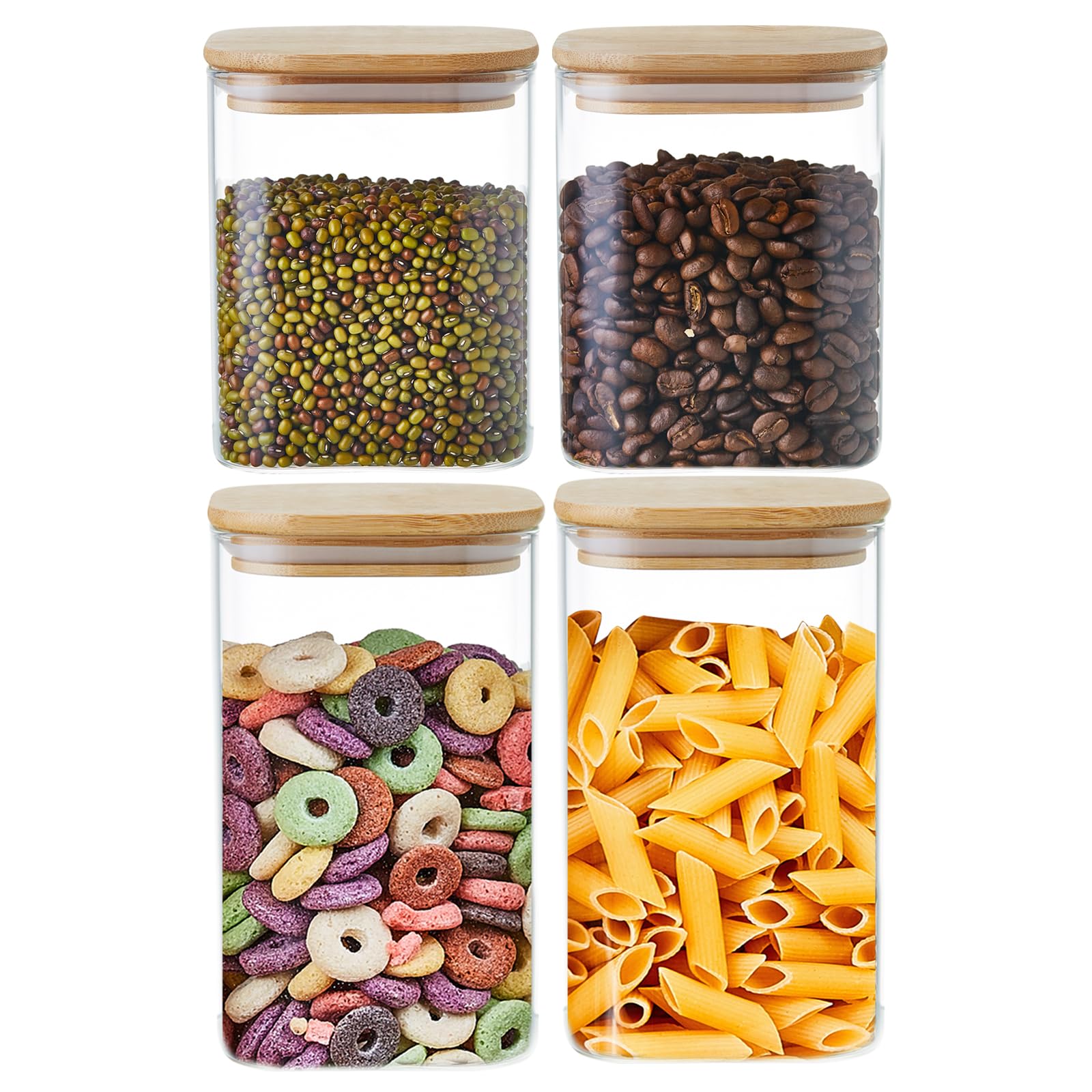 MESNEY 4 Pack Glass Food Storage Jars – 2 x 1600/800ml with Bamboo Lids – Airtight and Stackable Containers for Kitchen and Pantry – Eco-Friendly Clear Glass Jars for Dry Food, Coffee, Snacks