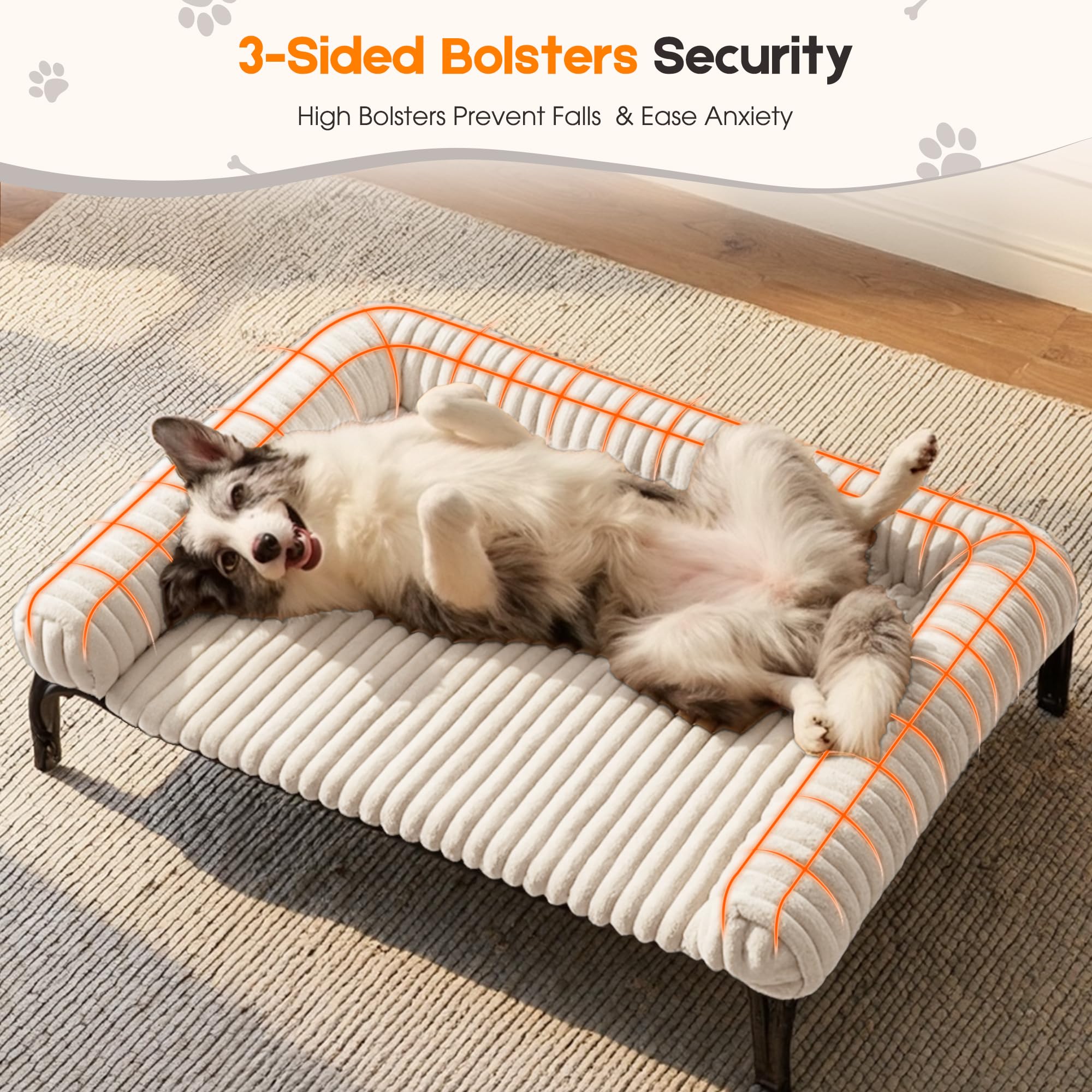 Elevated Dog Bed with Removable Fluffy Pillow Cushion, Raised Pet Cot Washable Bolster, Dog Couch Sofa, Anti Slip Feet, Cream, 43"×32" - image 4