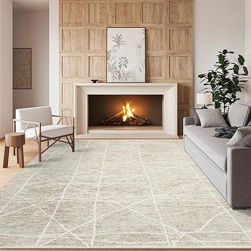 8x10 Area Rug Living Room Rugs: Washable Rugs Large Abstract Modern Non Slip Indoor Thin Low Pile Carpet for Living Room,Bedroom,Dining,Office,Farmhouse Decor Beige White