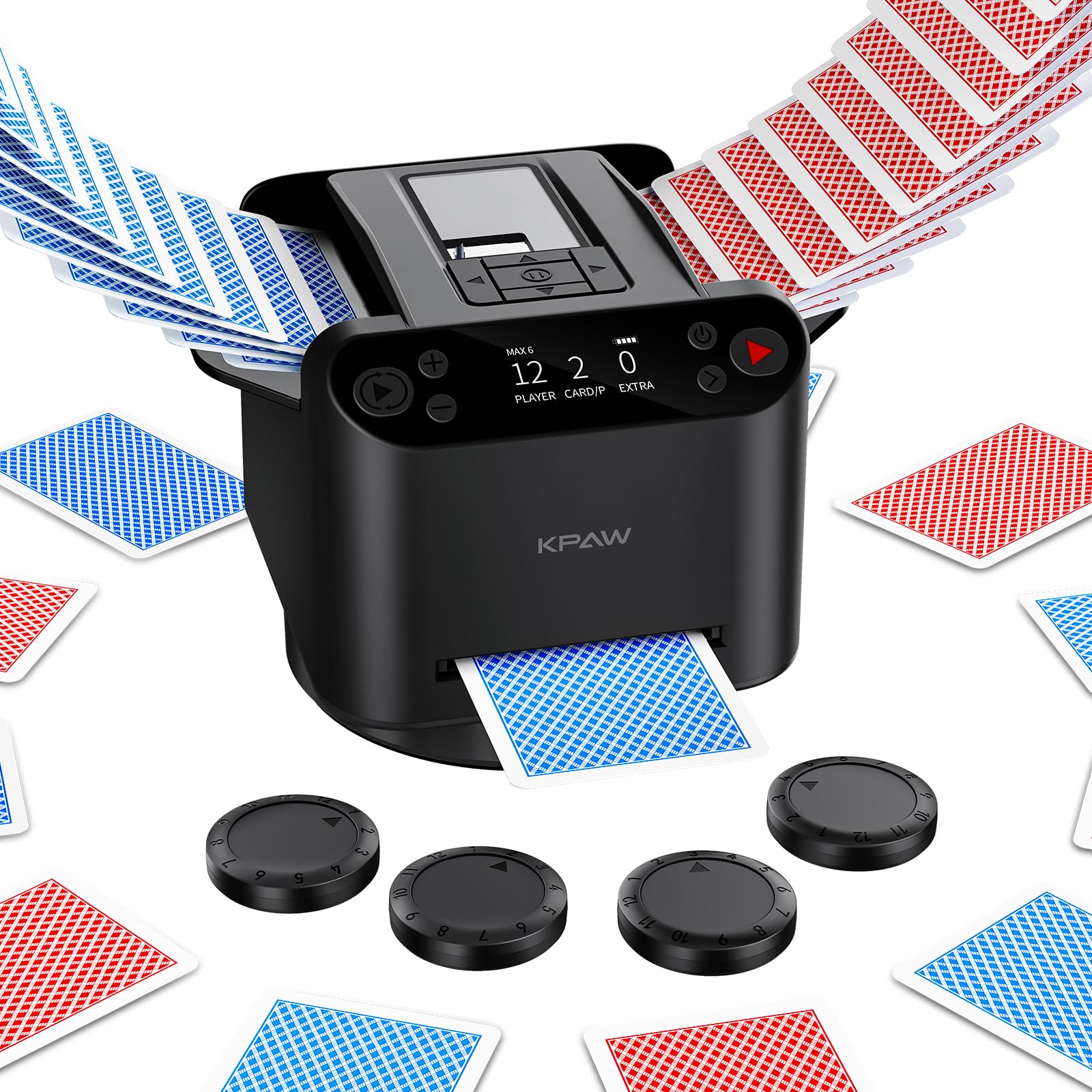 KPAW Kartenmischmaschine mit Austeilen, 360° Drehung für 1–2 Decks, mit 4 Fernbedienungen, Automatischer Kartenmischer und Austeiler Für 2–12 Spieler, Wiederaufladbar, Leise für Poker