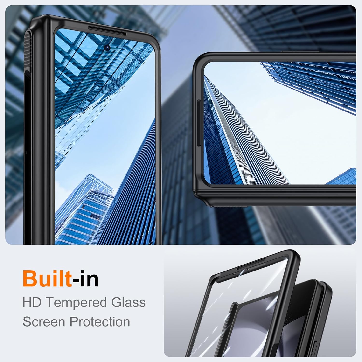 for Samsung Galaxy Z-Fold-5 Stand Case: with Slim S Pen Holder (Not Include Pen), Built-in Screen Protector, Hidden Kickstand, Hinge Protection, Wireless Charging for ZFold 5 Phone Cover (Black)