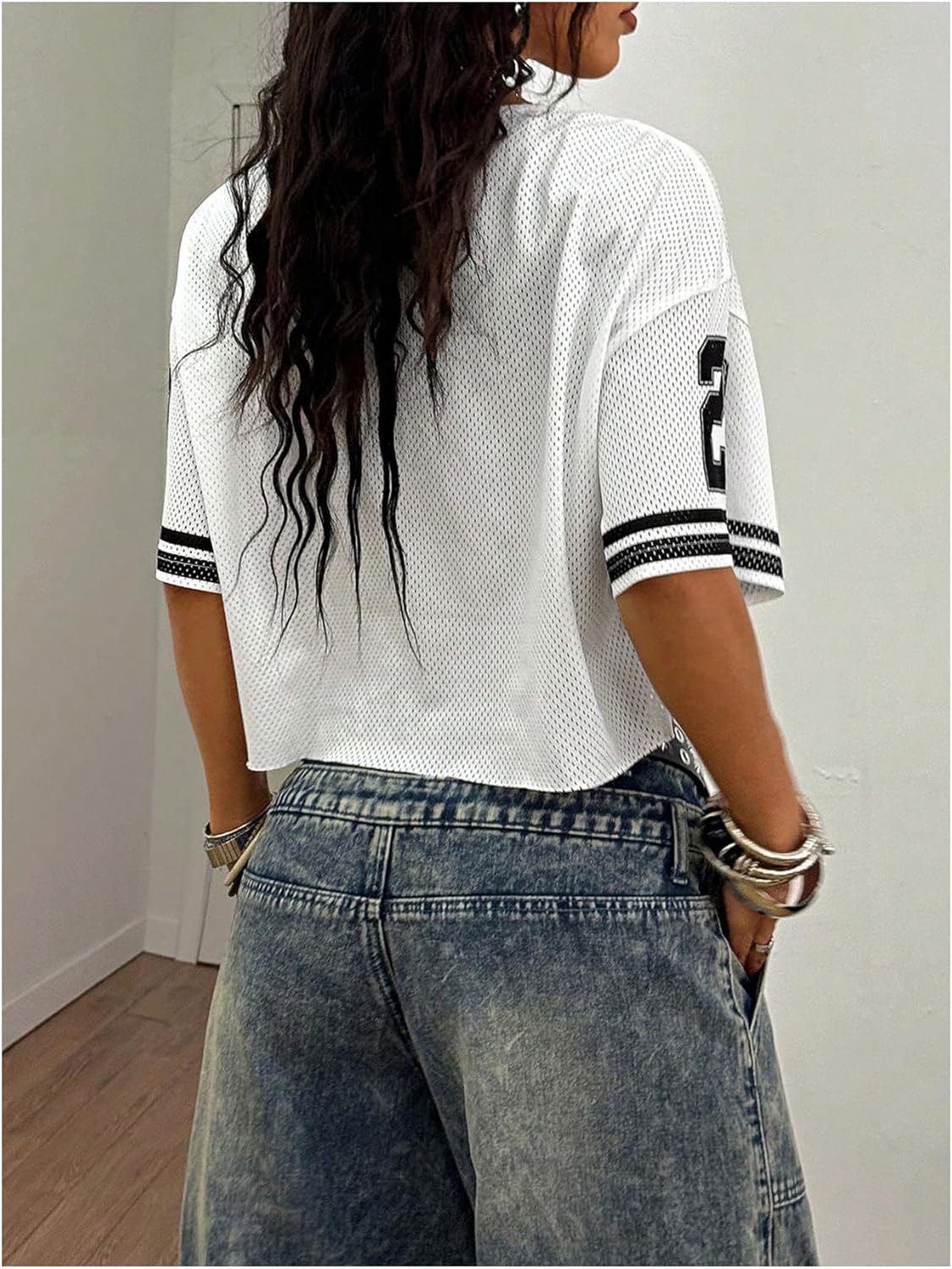 Women's Y2K Lace Mesh Jersey Shirts V Neck Short Sleeve Off The Shoulder Tops Crop Graphic Tees - Image 3