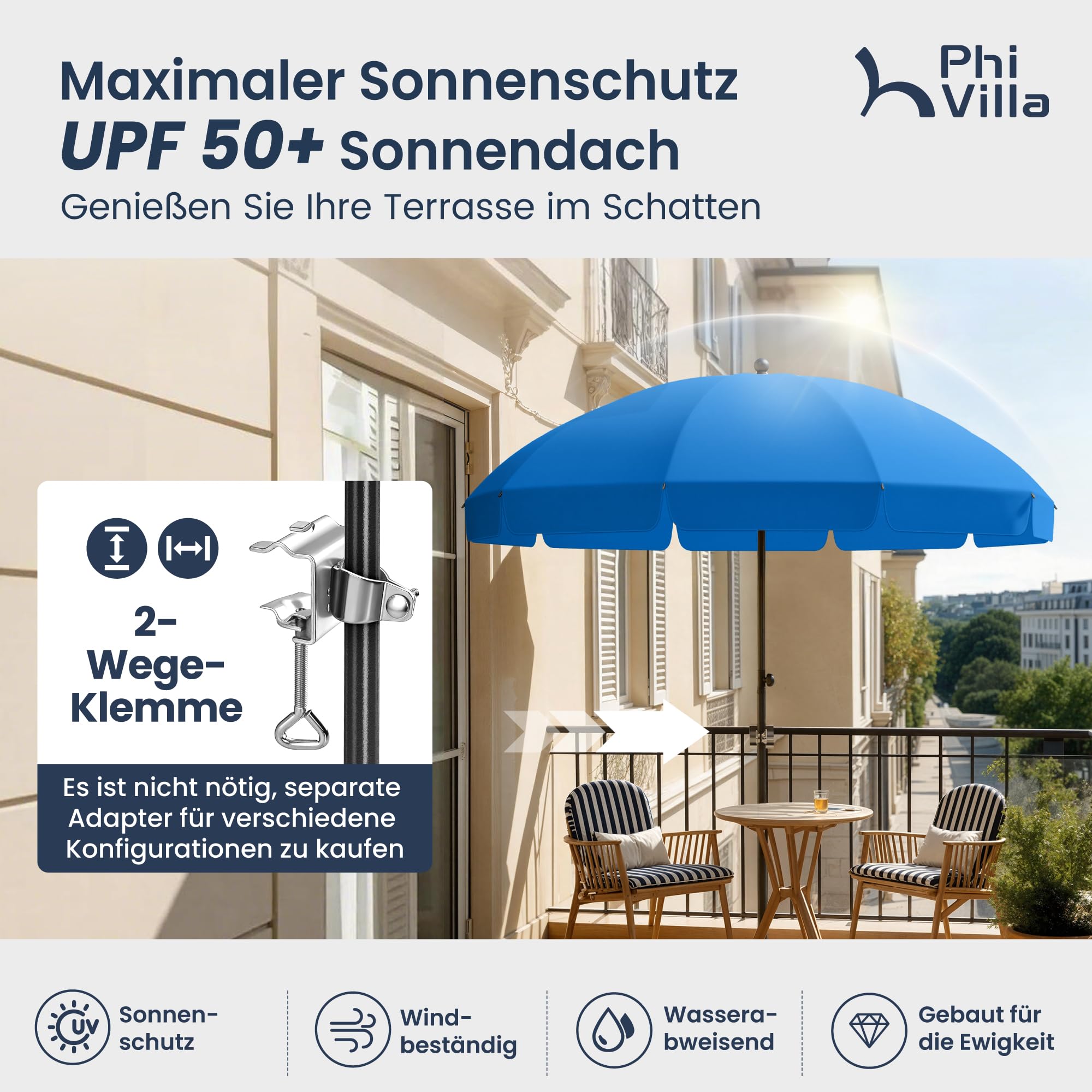 PHI VILLA Parasol réglable en hauteur de 175 à 220 cm avec housse et pince - Parasol de plage inclinable - Résistant au vent - Stable à emporter - Protection UV50+ - Pour balcon, plage, balustrade de