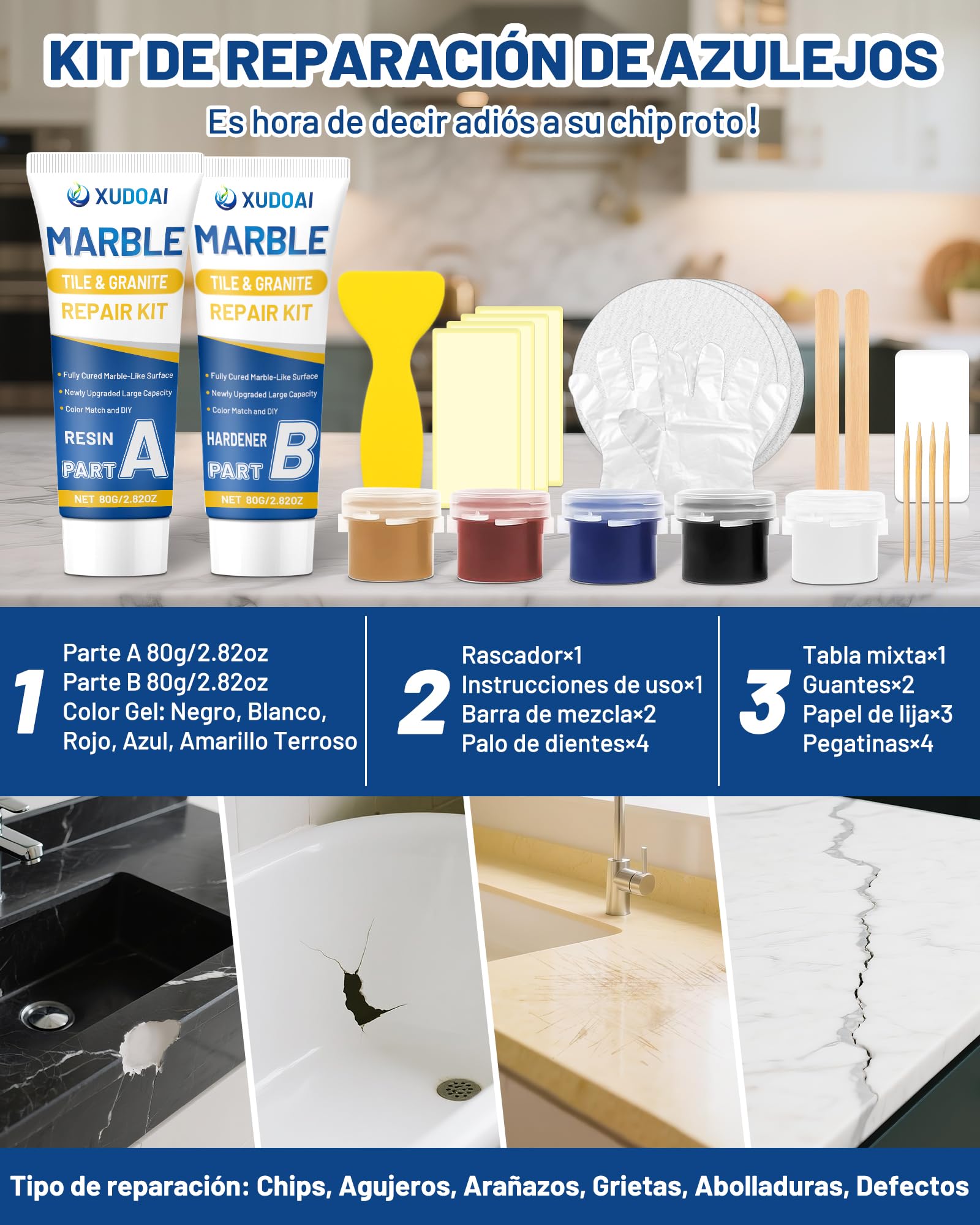 Kit Reparación Mármol y Granito (Coincidencia de Color), 160g Kit Reparación Azulejos Para Astillas Agujeros Abolladuras Defectos Grietas, Fijar Cuarzo Fregadero Piedra Otras Superficies Duras