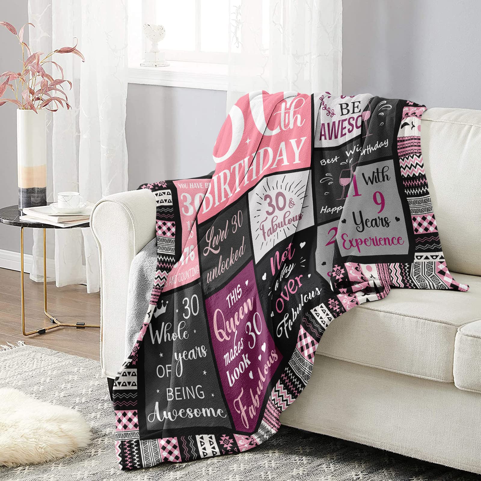 Yesbird Regalo de 30 cumpleaños para ella, decoraciones de cumpleaños número 30 para mujeres, regalos de feliz cumpleaños 30 para mujeres, regalo de cumpleaños de 30 años, manta decorativa de