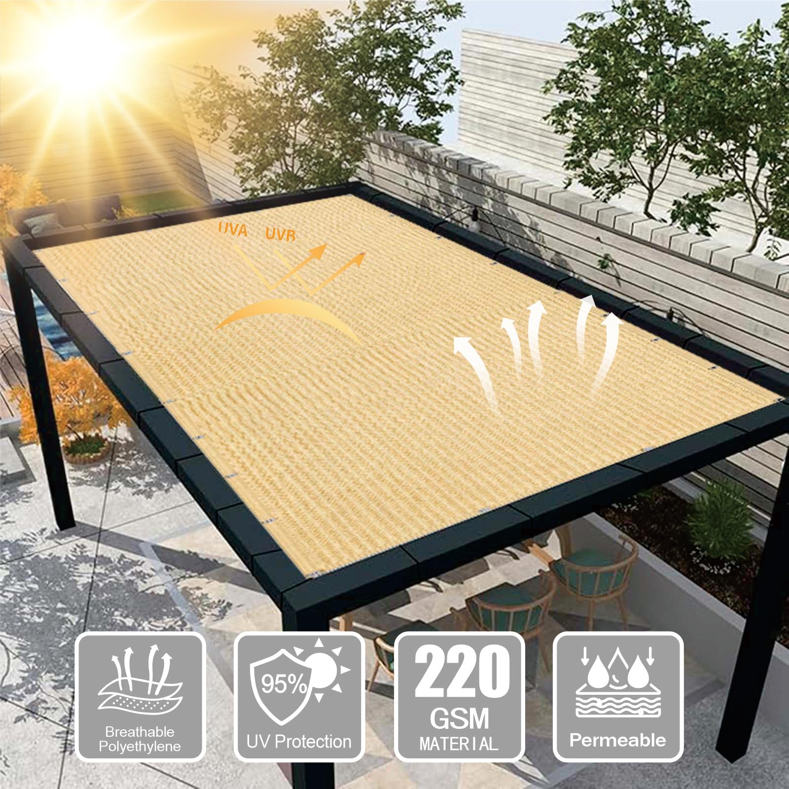 Tkanina Cieniująca 190 x 505 cm Oddychające HDPE – 95% Blokady Uv, 90% Zacienienia Lekka I Przewiewna Siatka Cieniująca Z Oczkami, Z Linką I Opaskami Kablowymi Do Ogrodu, Piaskowy żółty