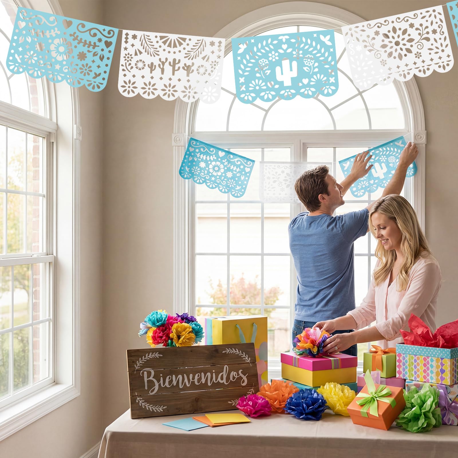 Tiamon Paquete de 4 guirnaldas de papel picado, decoraciones de fiesta mexicana de plástico para fiestas, Cielito Lindo Cinco de Mayo, baby shower, Día de Muertos, decoración colgante para interiores