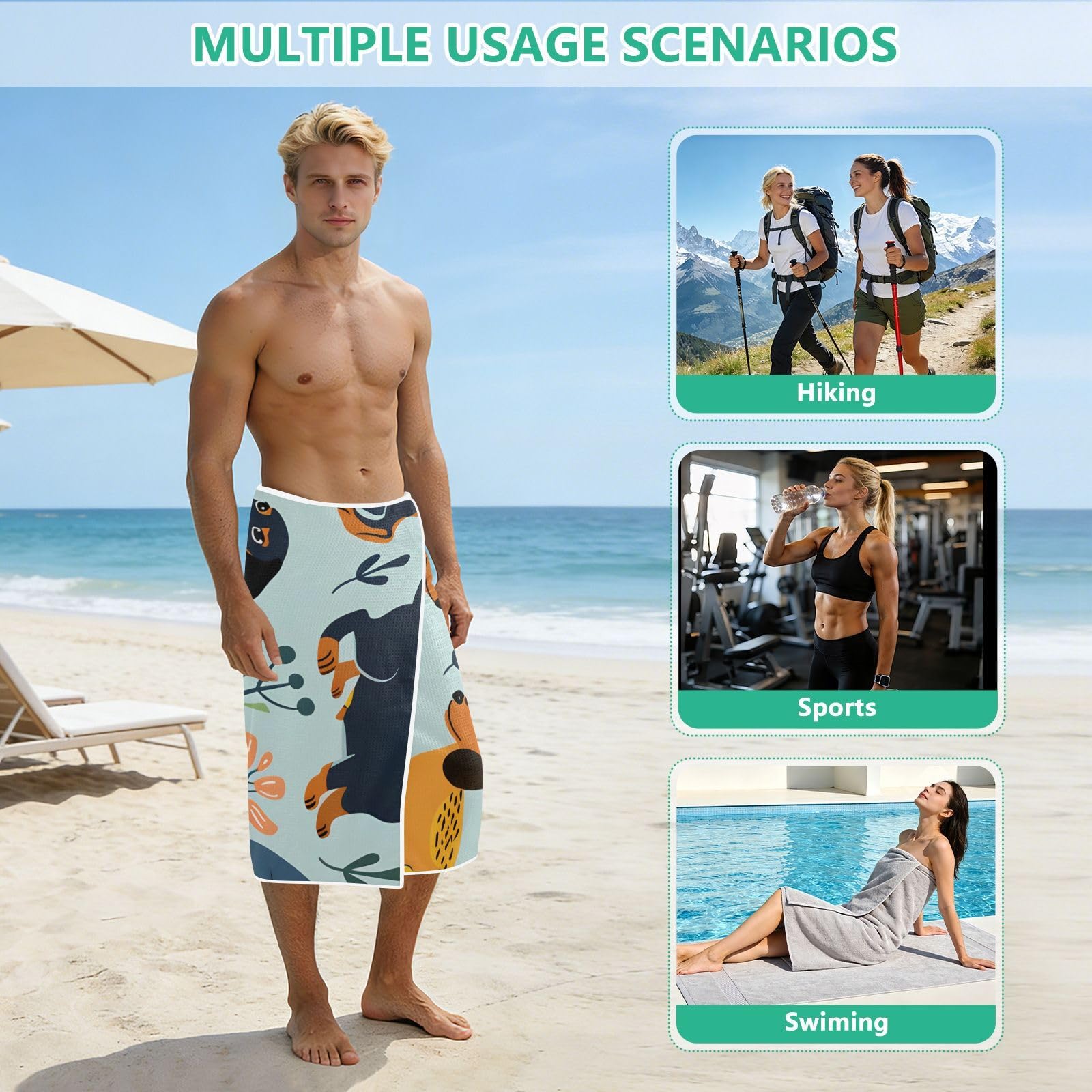 Toallas de playa grandes con bolsas de malla para adultos, toalla de baño de perros salchicha con cierre magnético, toalla absorbente de secado rápido para piscina, camping y viajes, 190 x 80 cm