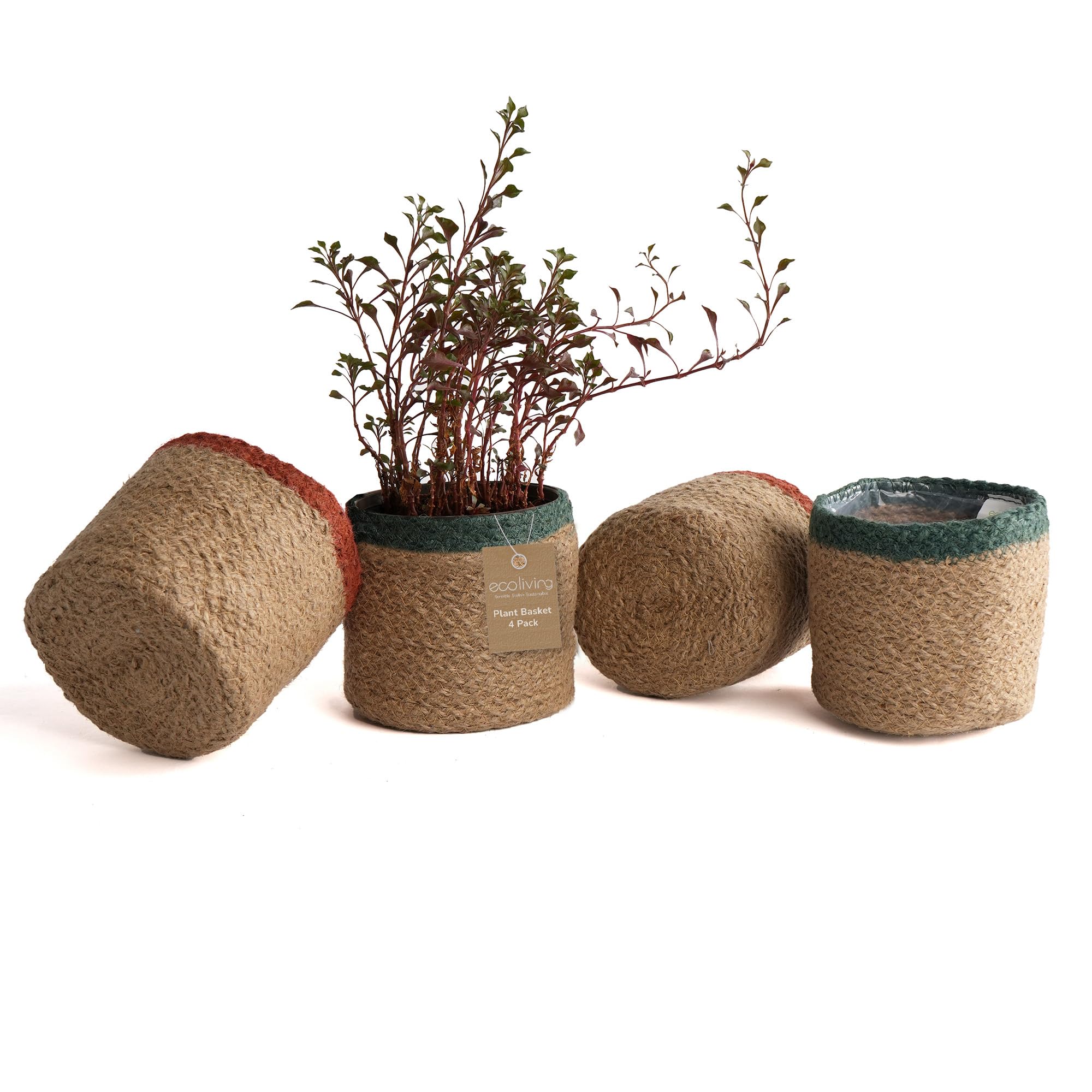 Eco Living Cesta de yute tejida con cuerda de yute para decorar suculentas de interior/exterior, macetas pequeñas, juego de 4 contenedores de almacenamiento multiusos de 4.5 pulgadas, decoración de