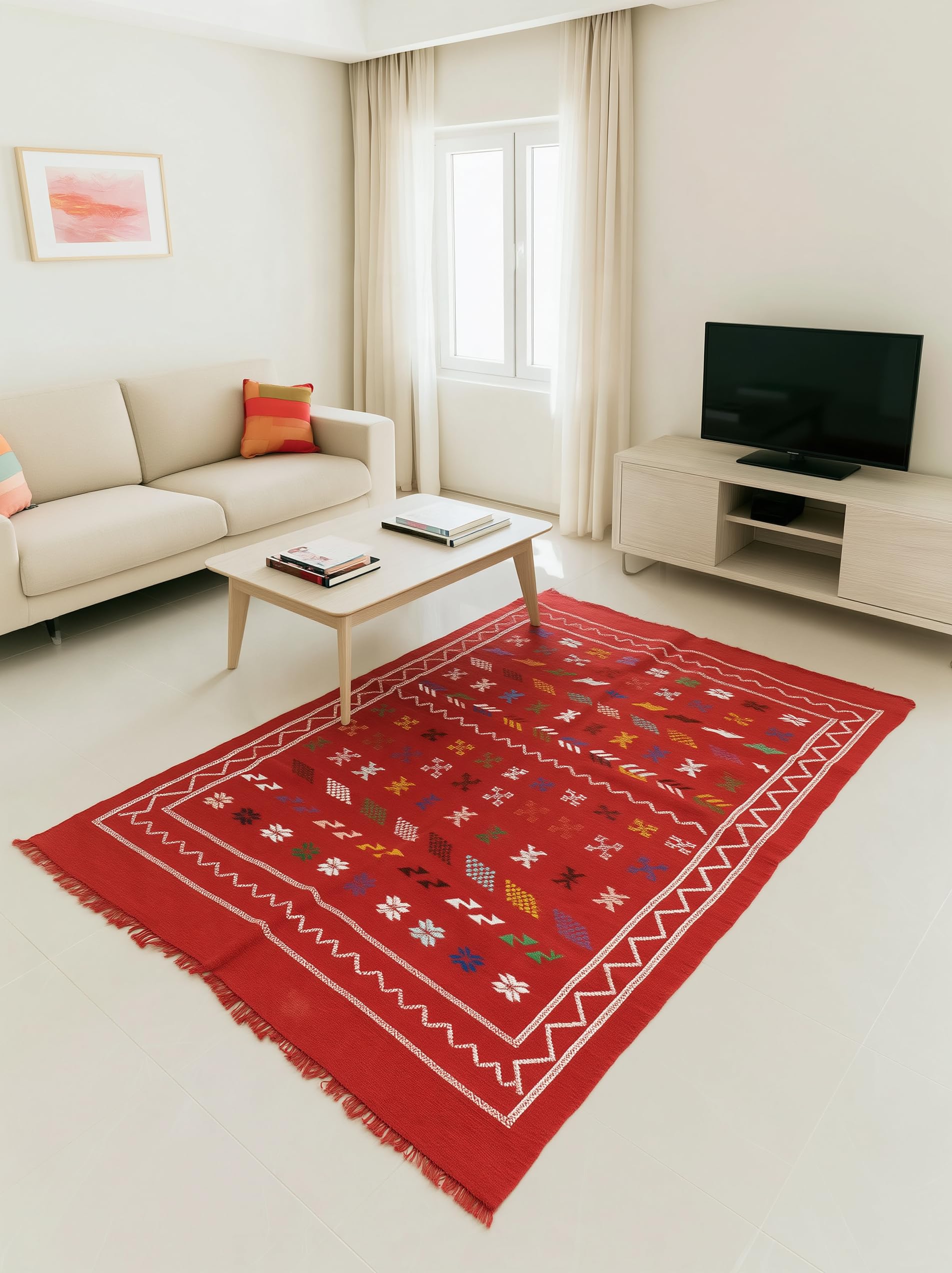 Tapis Berbère Marocain Rouge Vif 2 - Tapis Kilim Tissé Motifs Ethniques Multicolores Bordure Zigzag - Tapis Franges - Style Boho Chic pour Salon