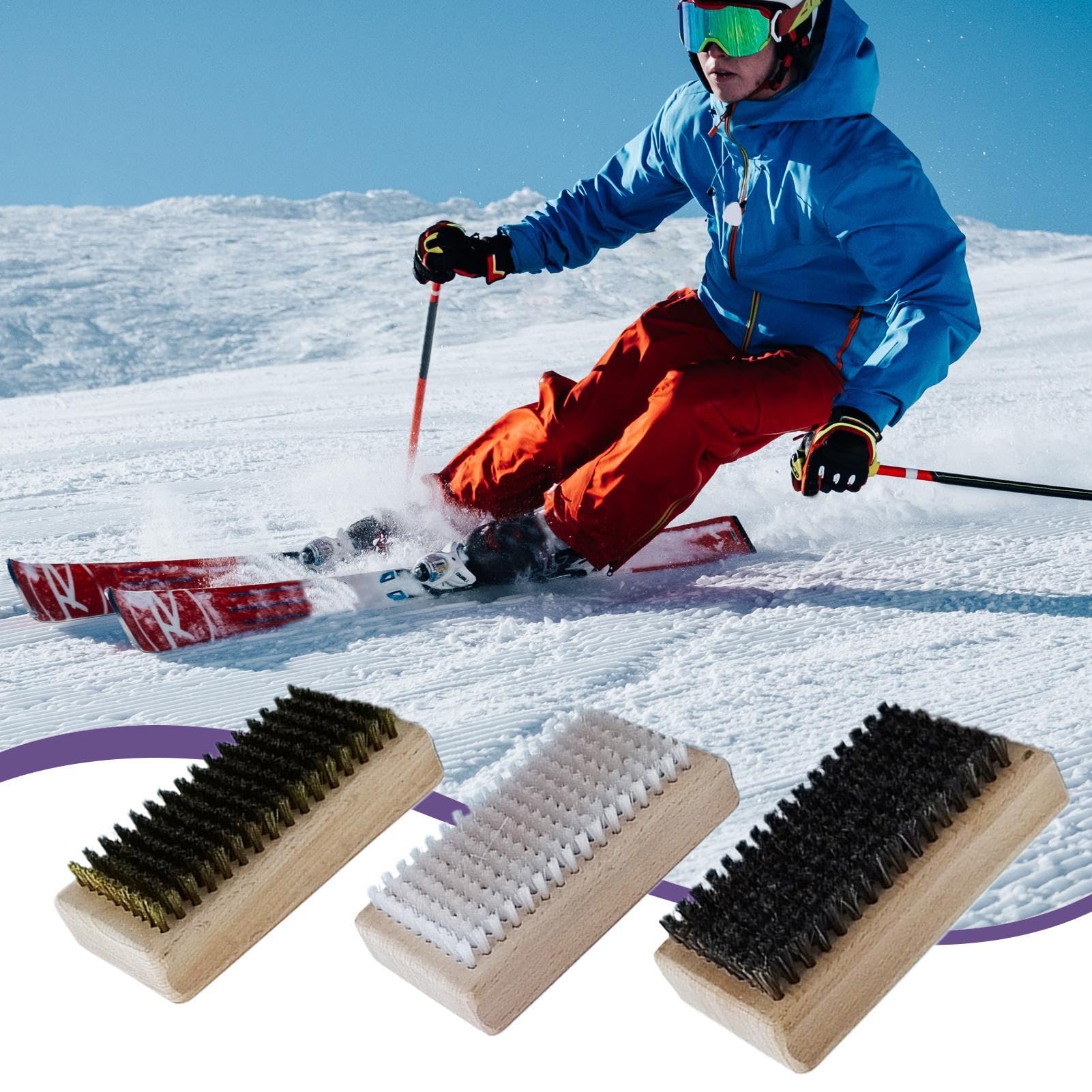 Kit de Fart de Ski, brosses à Fart de Ski, Ensemble de 3 brosses à | polir pour Planche de Ski, Ensemble de brosses de Soins de Ski Portables, Brosse à polir pour Planche de Ski Comprenant du